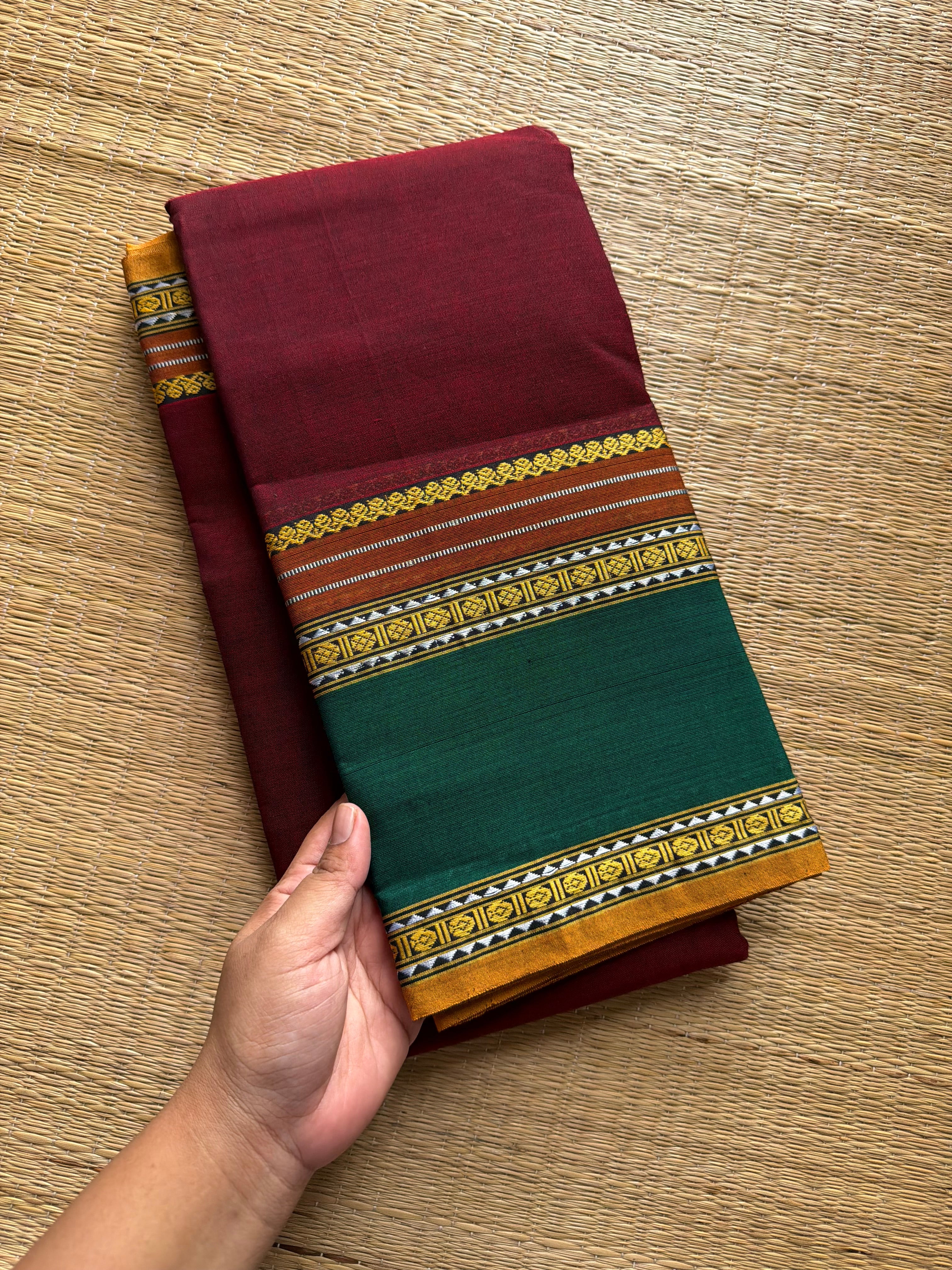 RF487 Maroon with green combination vintage style gap border mercerised Narayanpet  cotton saree