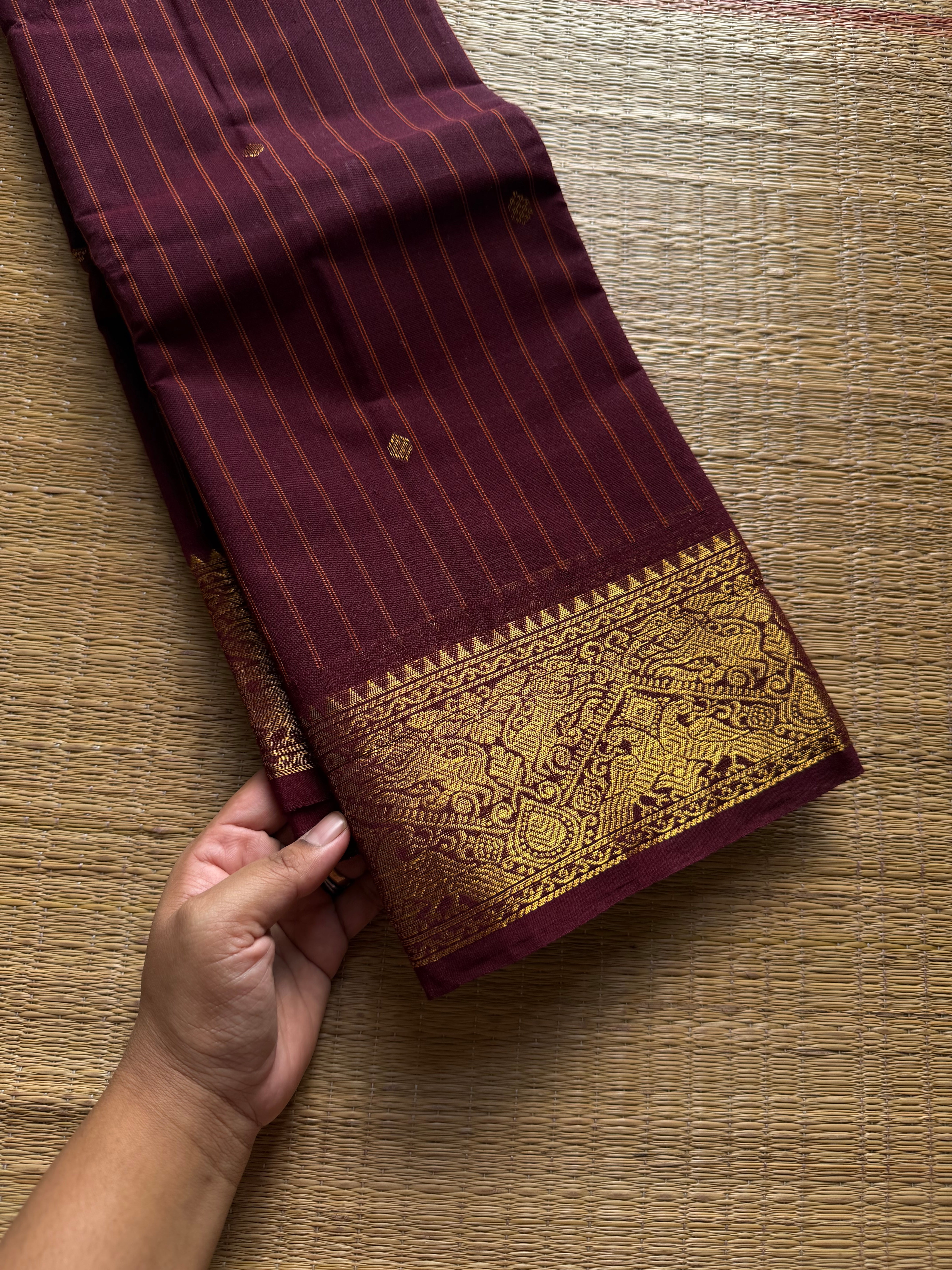 RF1410 Monotone deep maroon ~ Vanasingaram border Kanchi cotton saree with handmade thread buttas