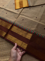 RF800 Beige shade Kanchi cotton saree with Ganga Jamuna border & handmade thread buttas