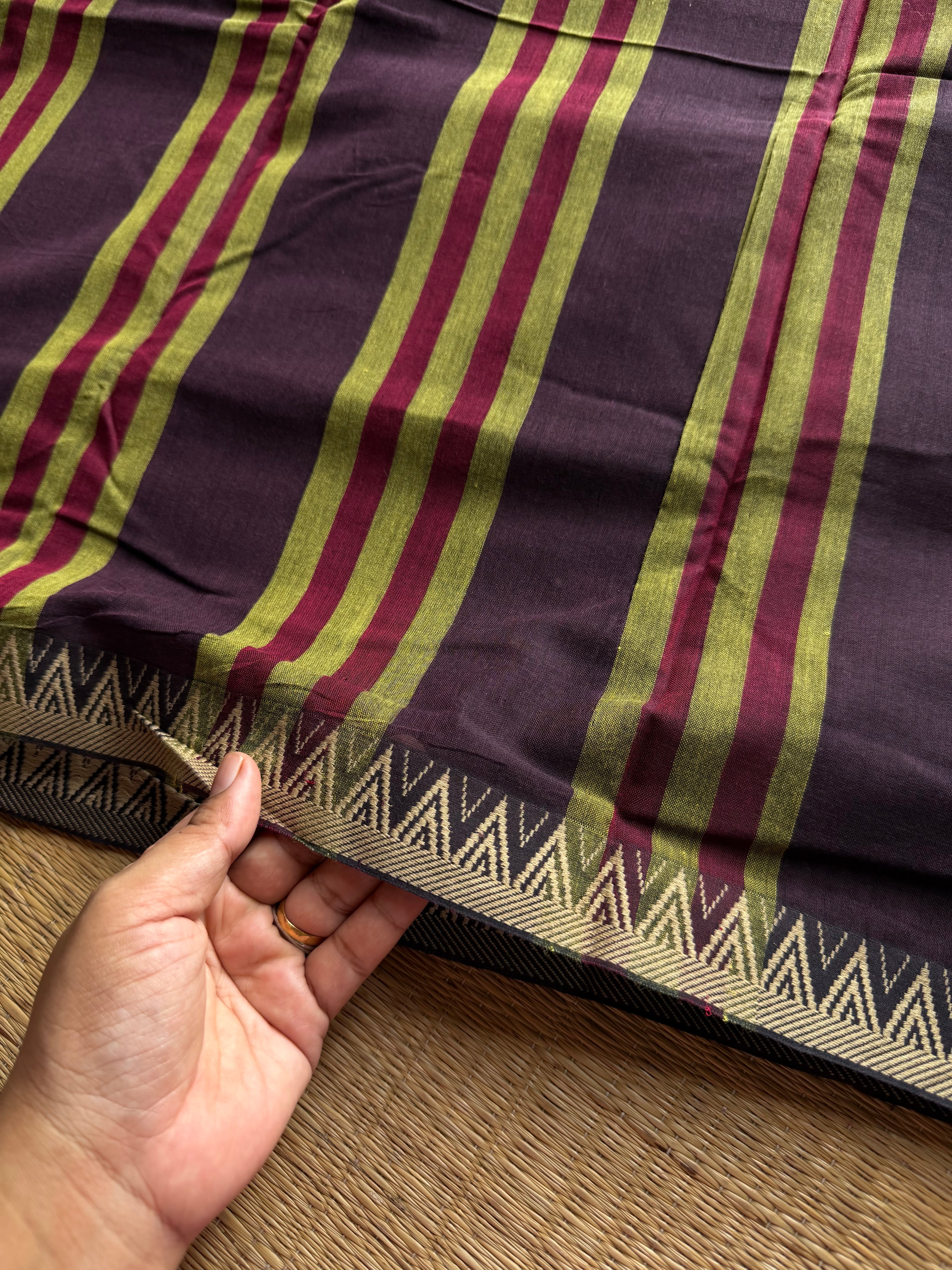 RF1311 Brown Mercerised Narayanpet soft cotton saree with small border