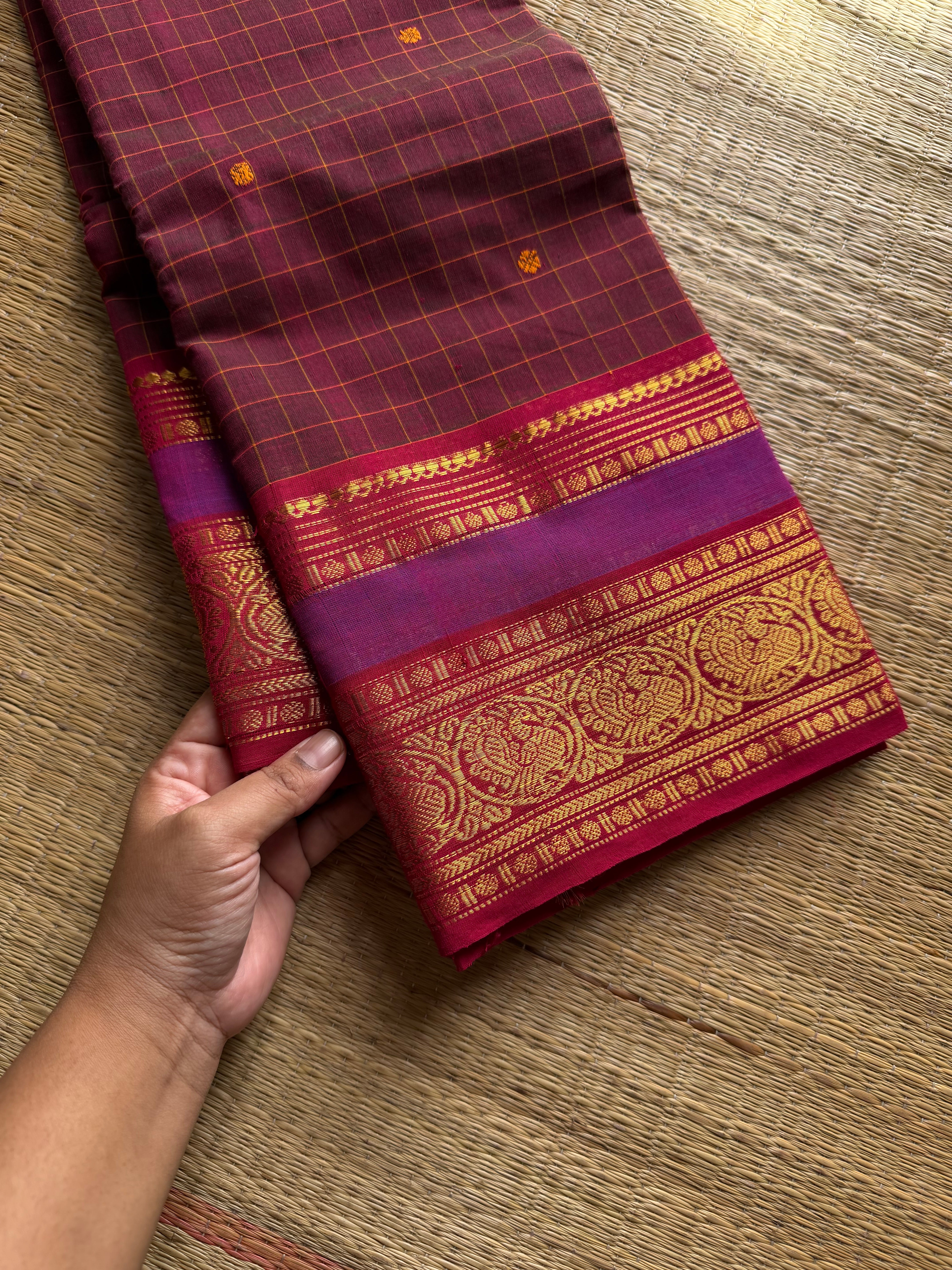 RF1349 Kattam Edition ~ Dual Arakku shade Kanchi cotton saree with handmade thread buttas