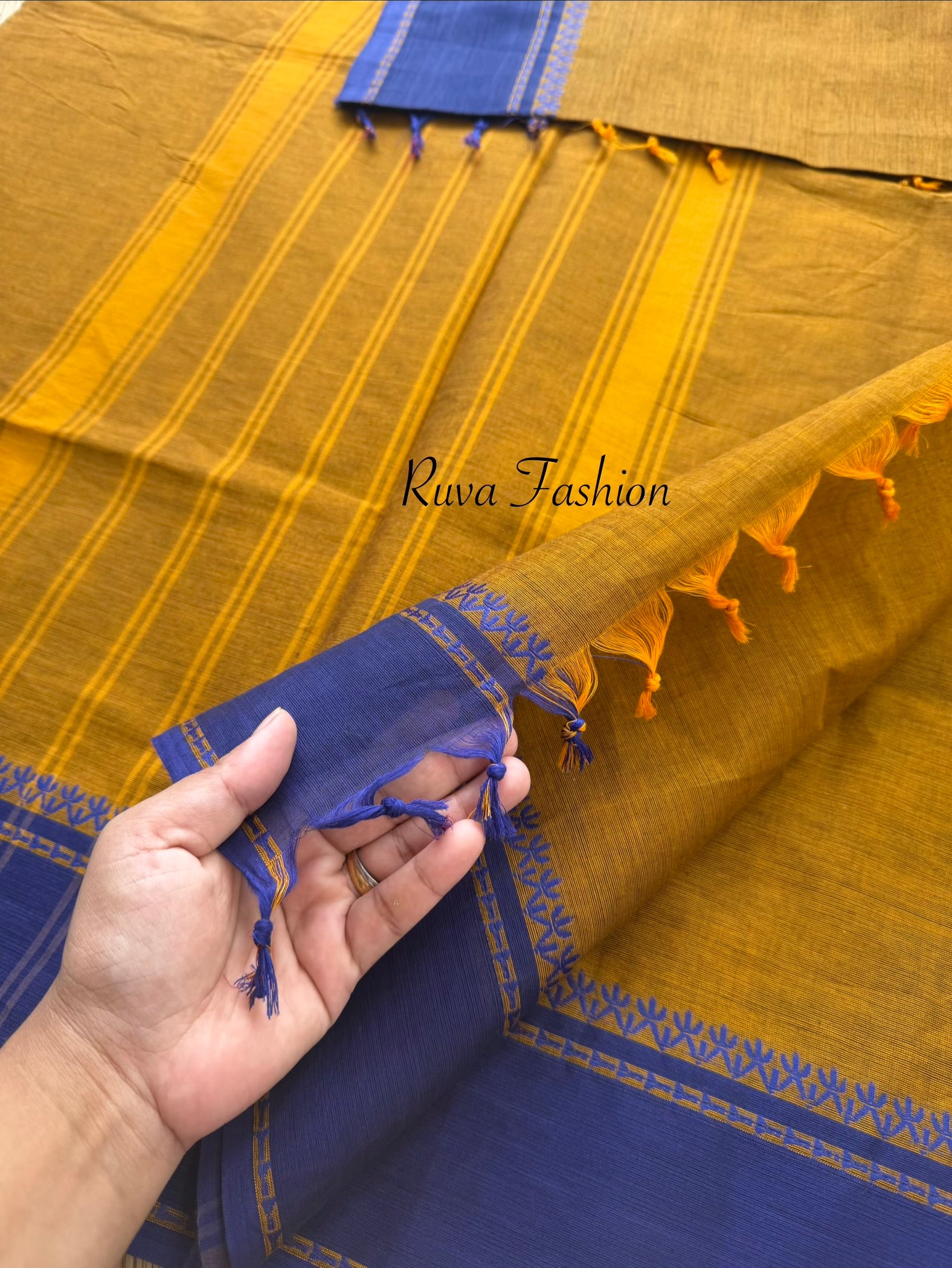 RF171 Mustard shade with royal blue combination thread border Kanchi cotton saree