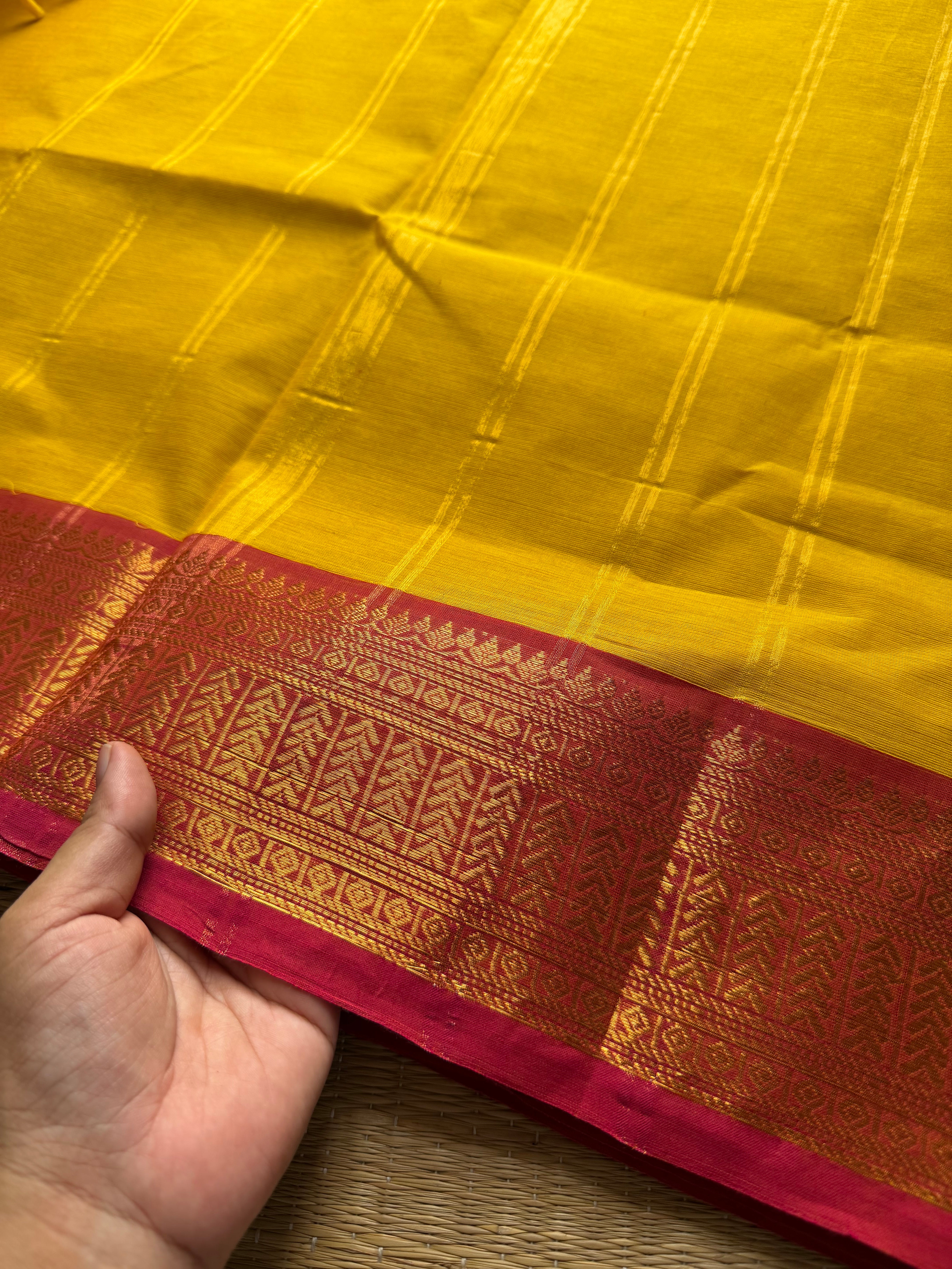 RF209 Mango yellow with peach combination Kanchi cotton saree