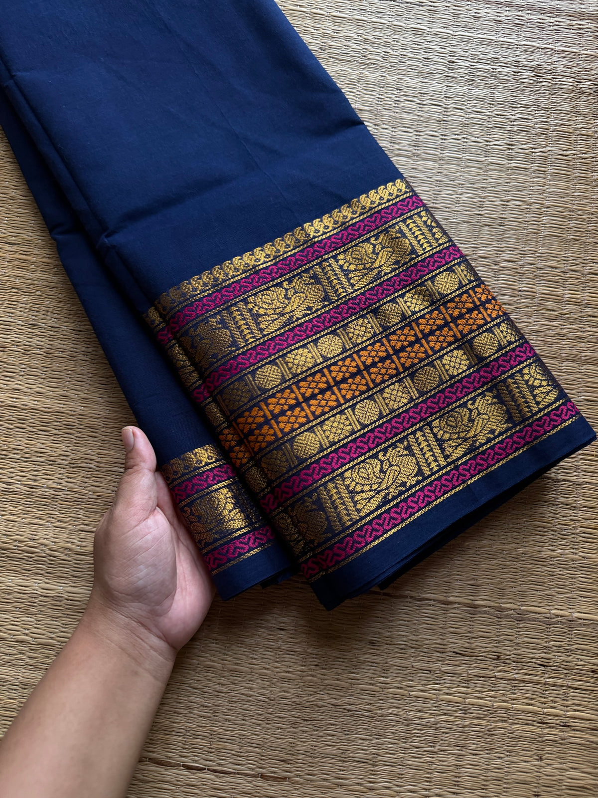 RF1204 Varisaipet border Kanchi cotton saree ~ Navy blue