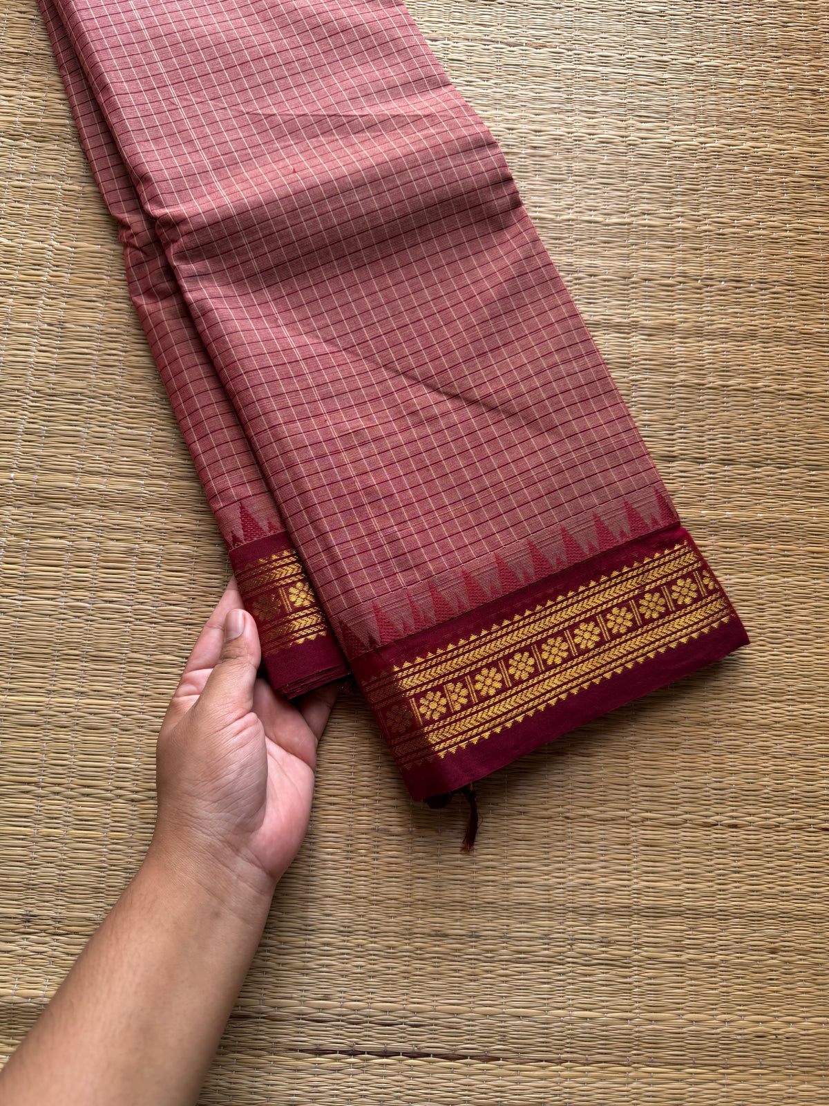 RF716 Onion pink with maroon Podikattam Kanchi cotton saree with small border