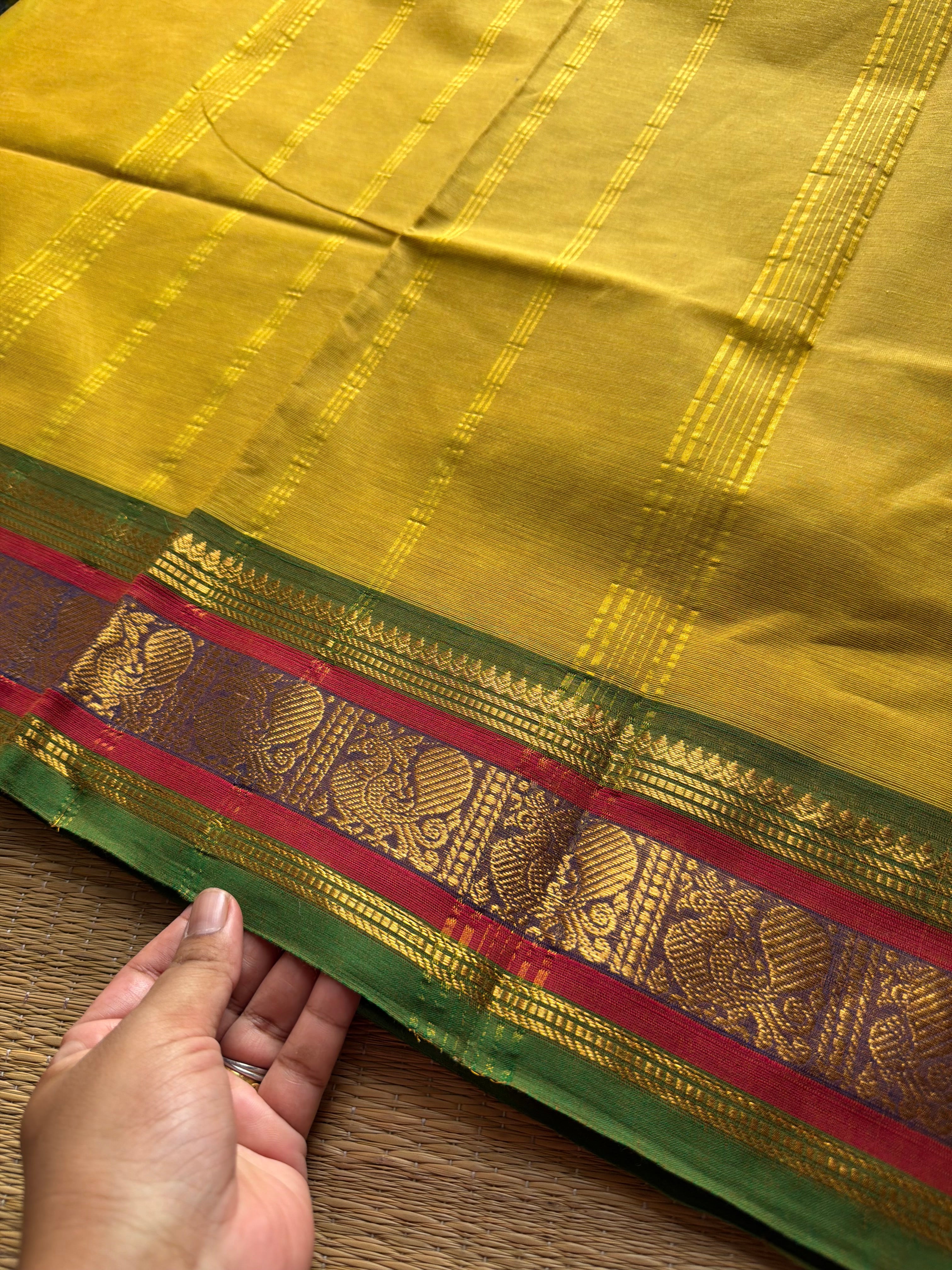 RF688 Lemon yellow with green ~ Silk Saree Inspired Kanchi Cotton saree