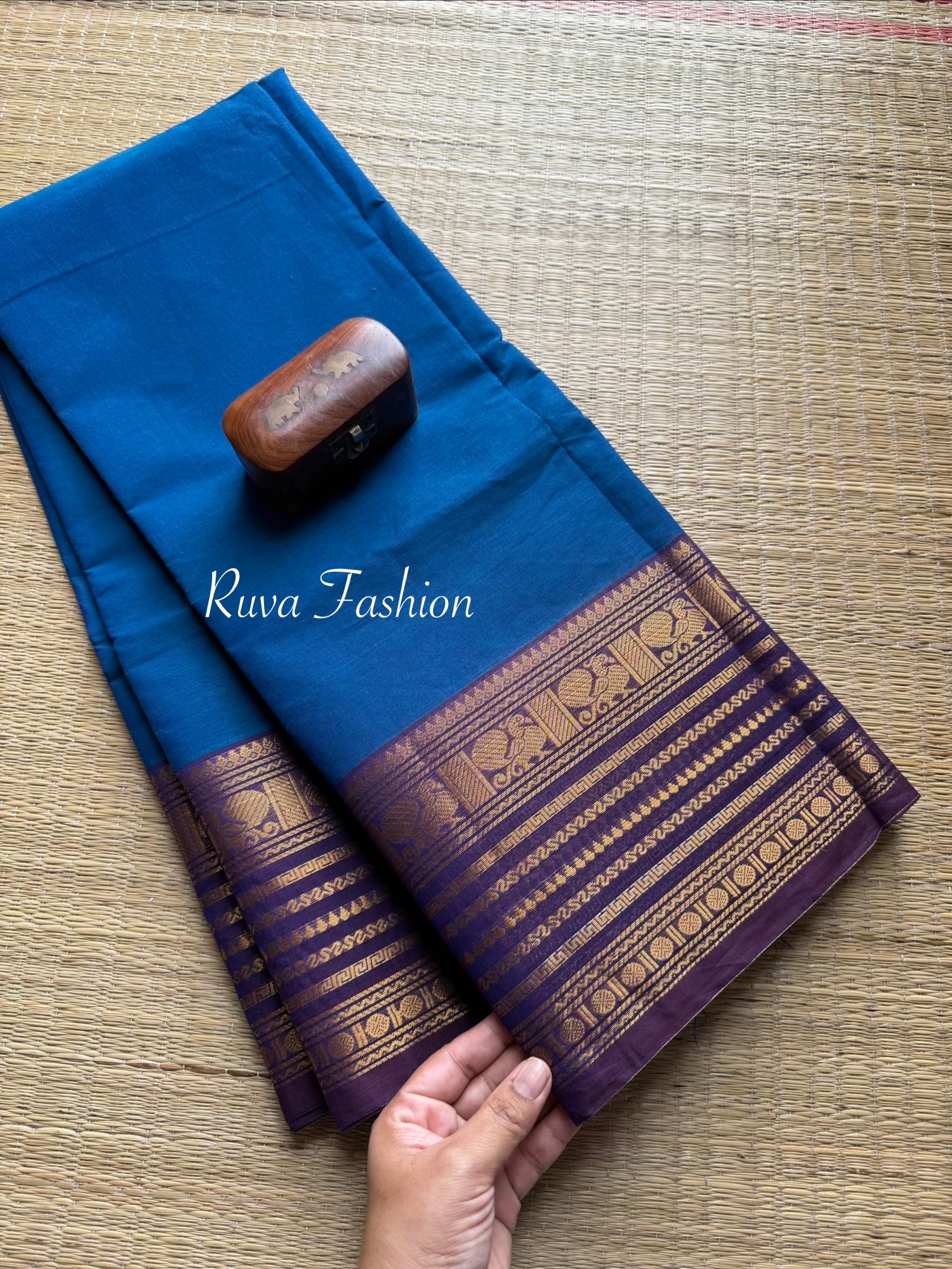 RF78 Dark blue Shade with contrast purple Varisaipet border Kanchi cotton saree