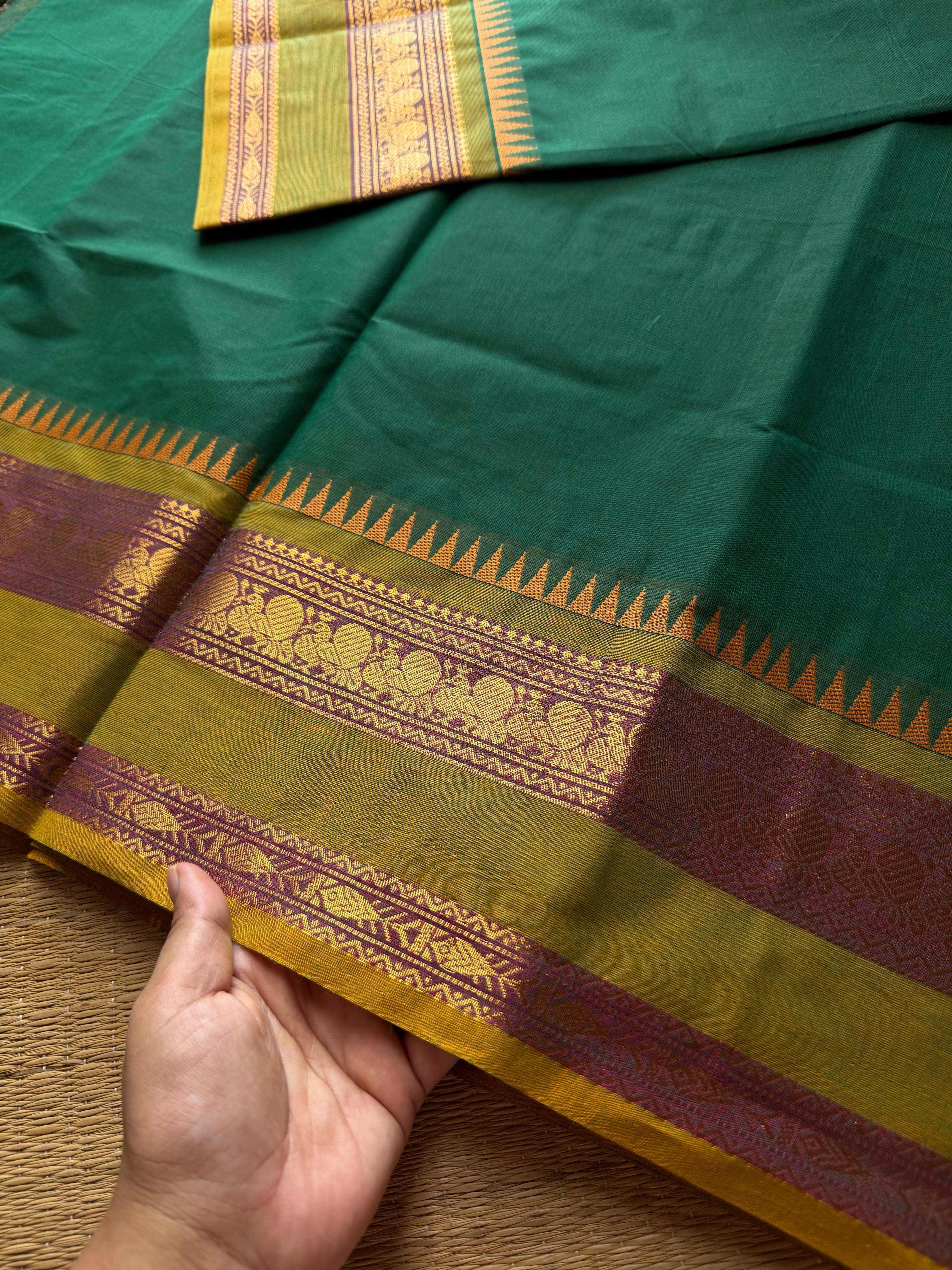 Green shade Kanchi cotton saree with unique contrast gap border