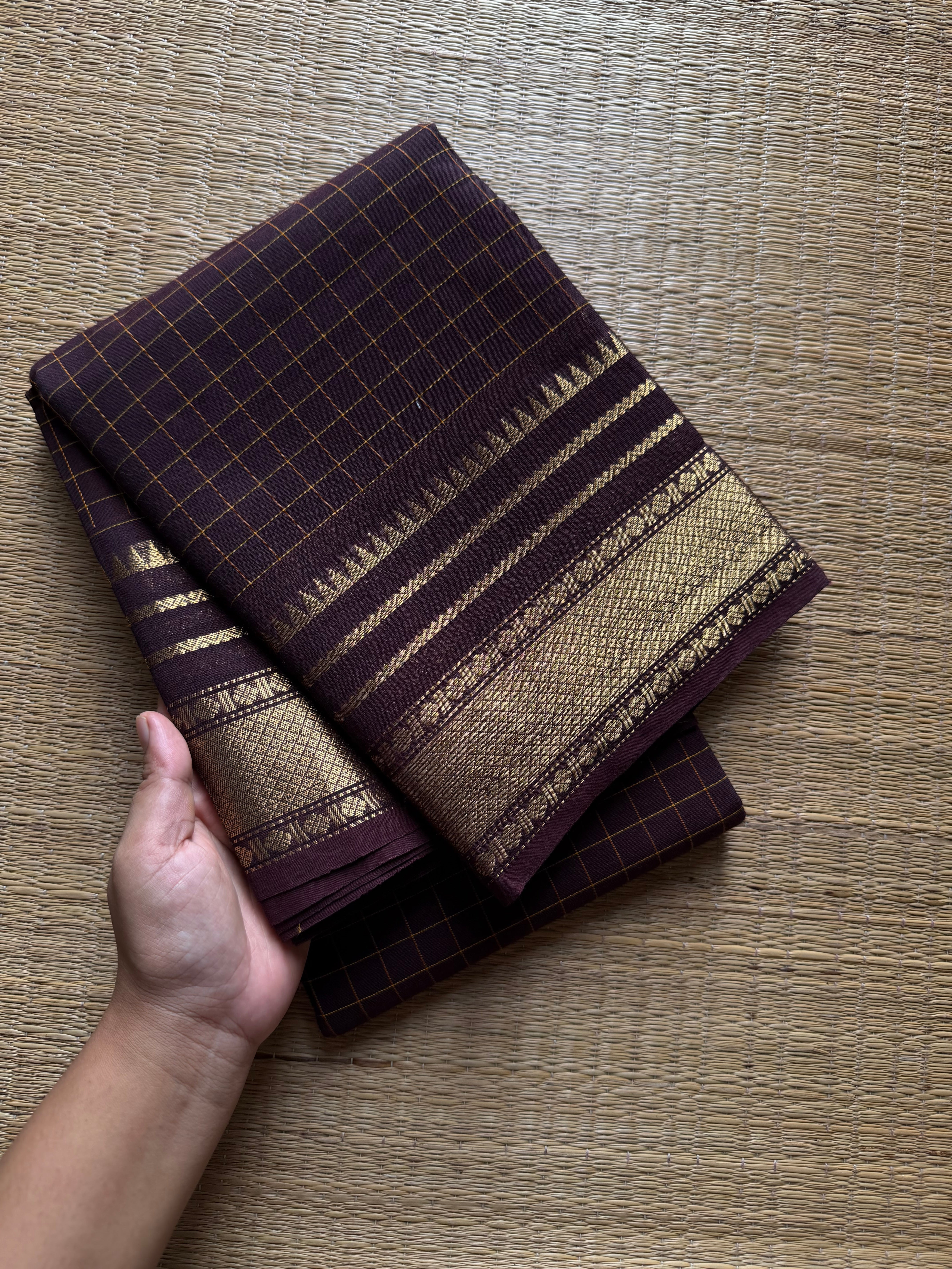 RF1166 Deep Coffee Brown ~ Premium Kanchi Cotton Kattam / Checks Edition
