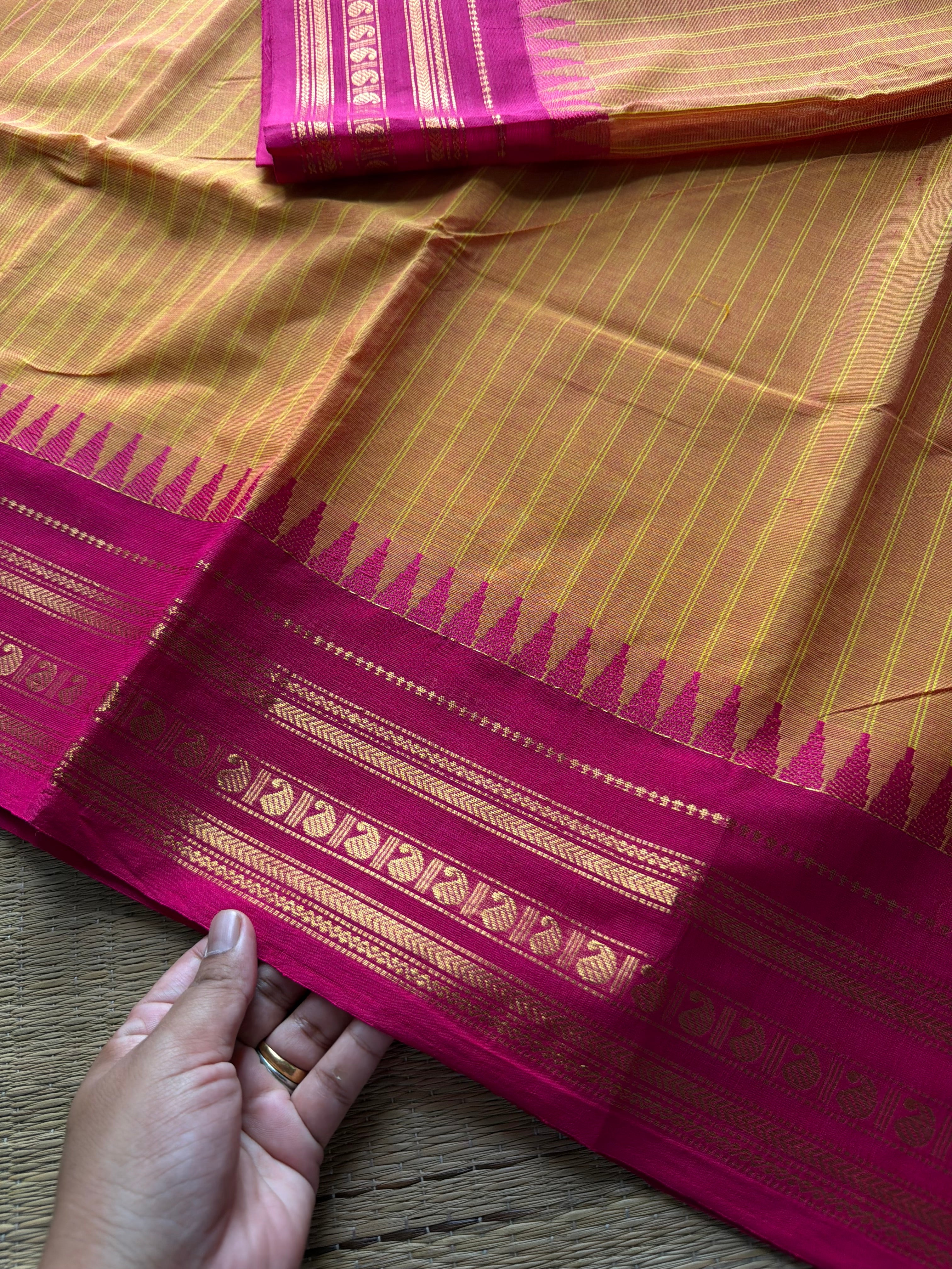 RF755 Mango shade Kanchi cotton saree with vertical stripped pattern & mango Zari border