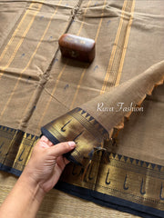 RF45 Biscuit & Grey dual tone shade with black combination paithani border Kanchi cotton saree with handmade thread buttas
