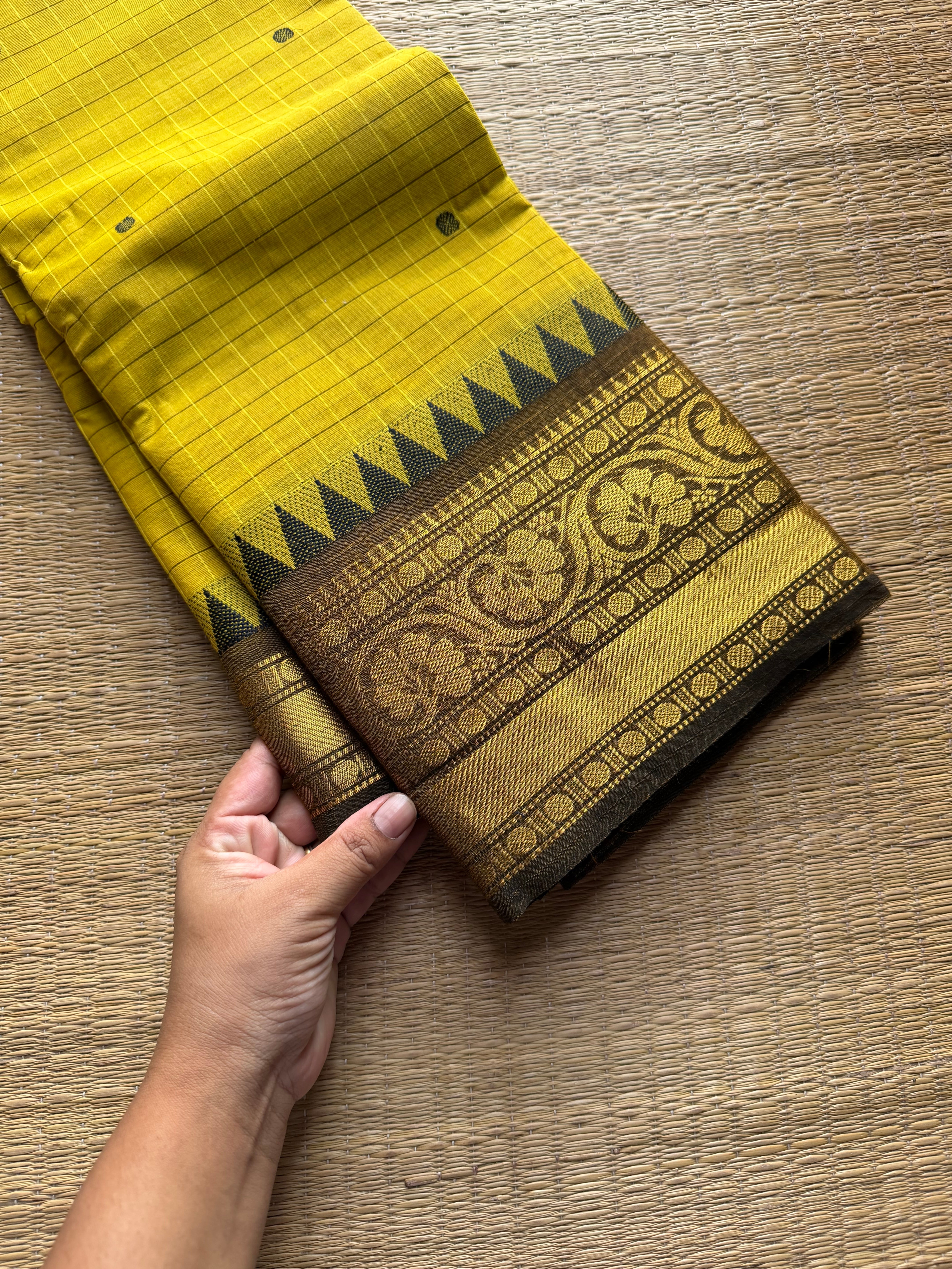 RF985 Yellow Kattam Kanchi cotton saree with handmade thread buttas
