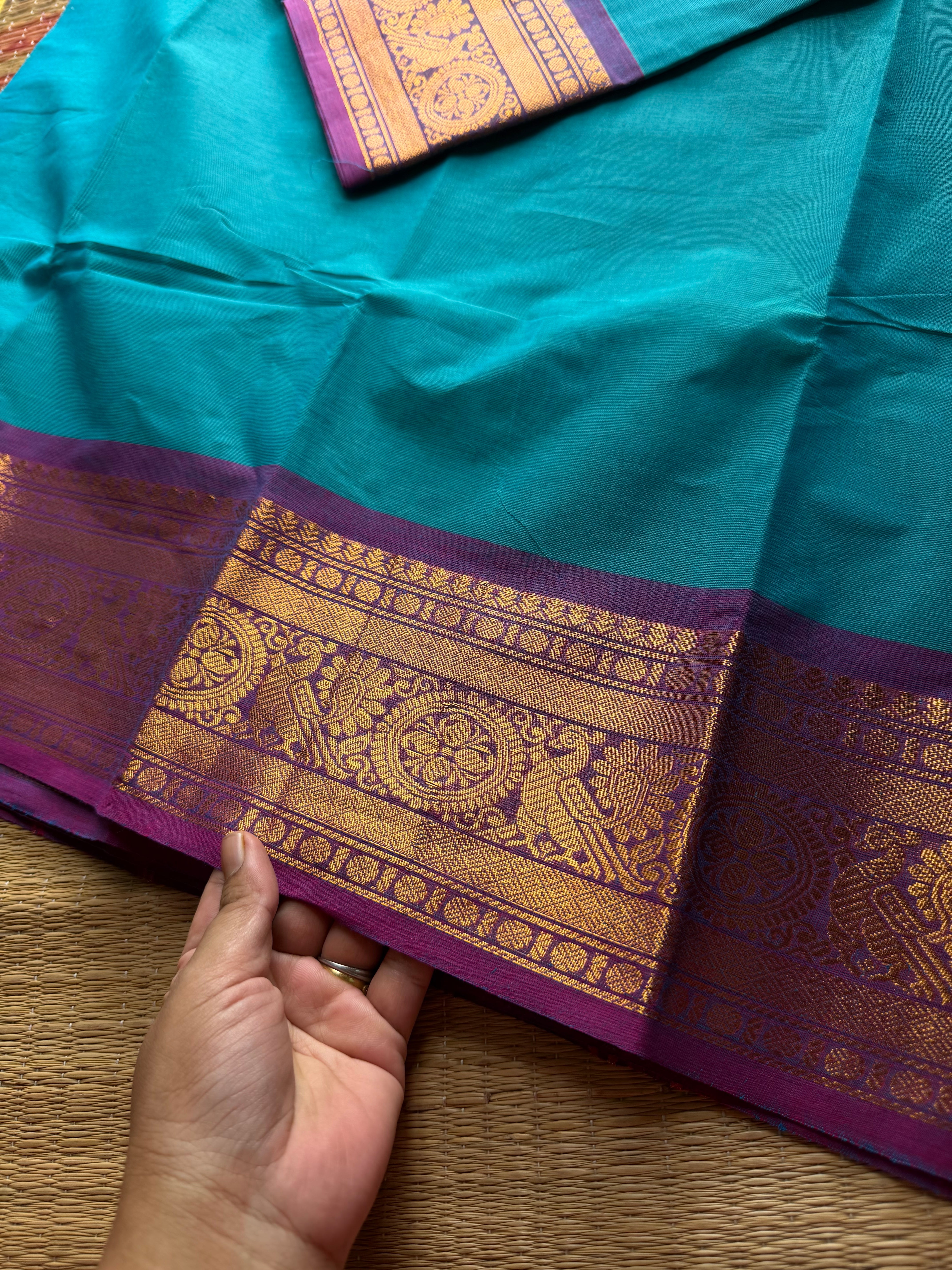 RF599 Sky blue shade with light purple combination Kanchi cotton saree