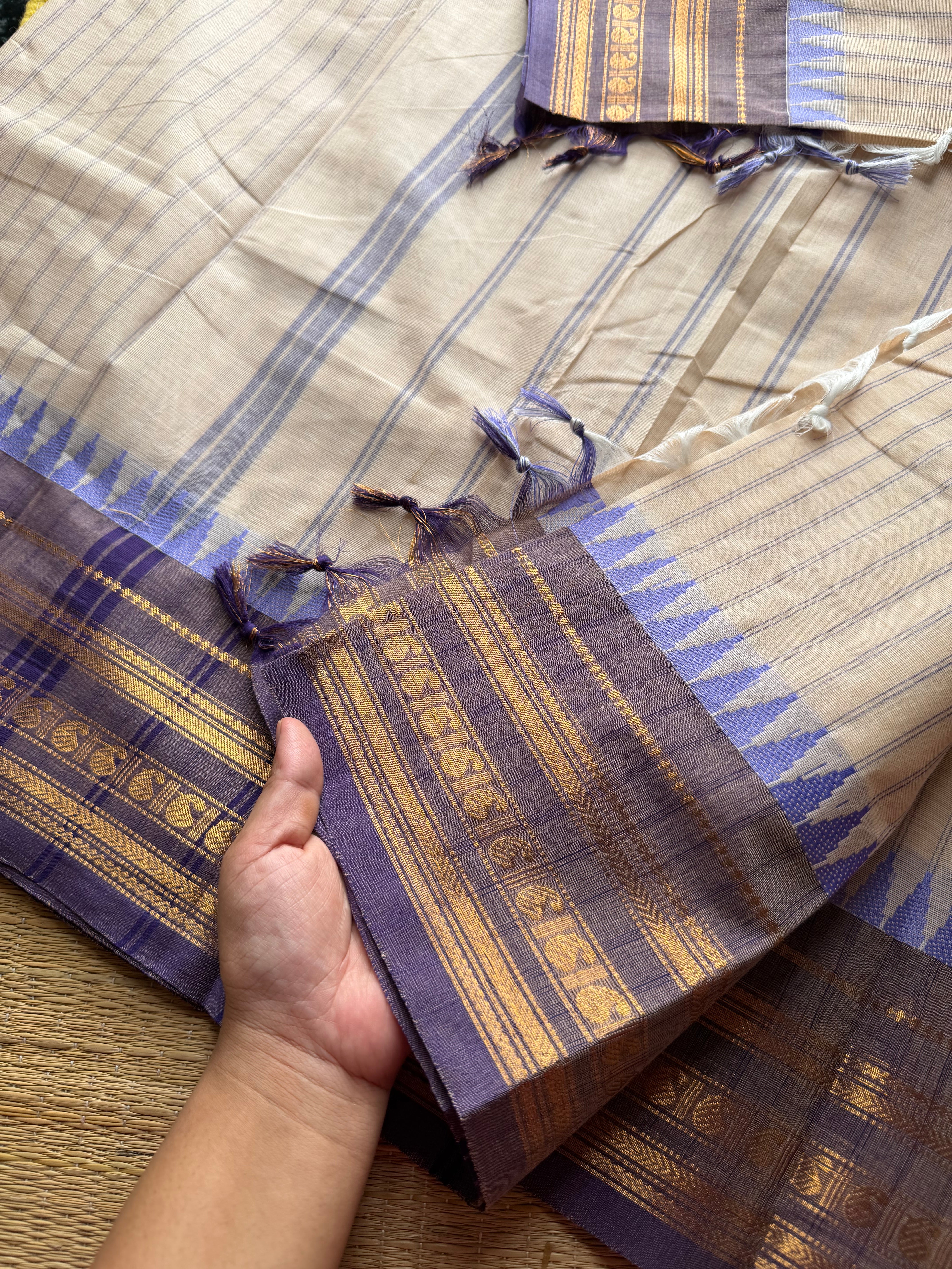 RF532 Half white with light lavender Combination Kanchi Cotton Saree With Stripped pattern
