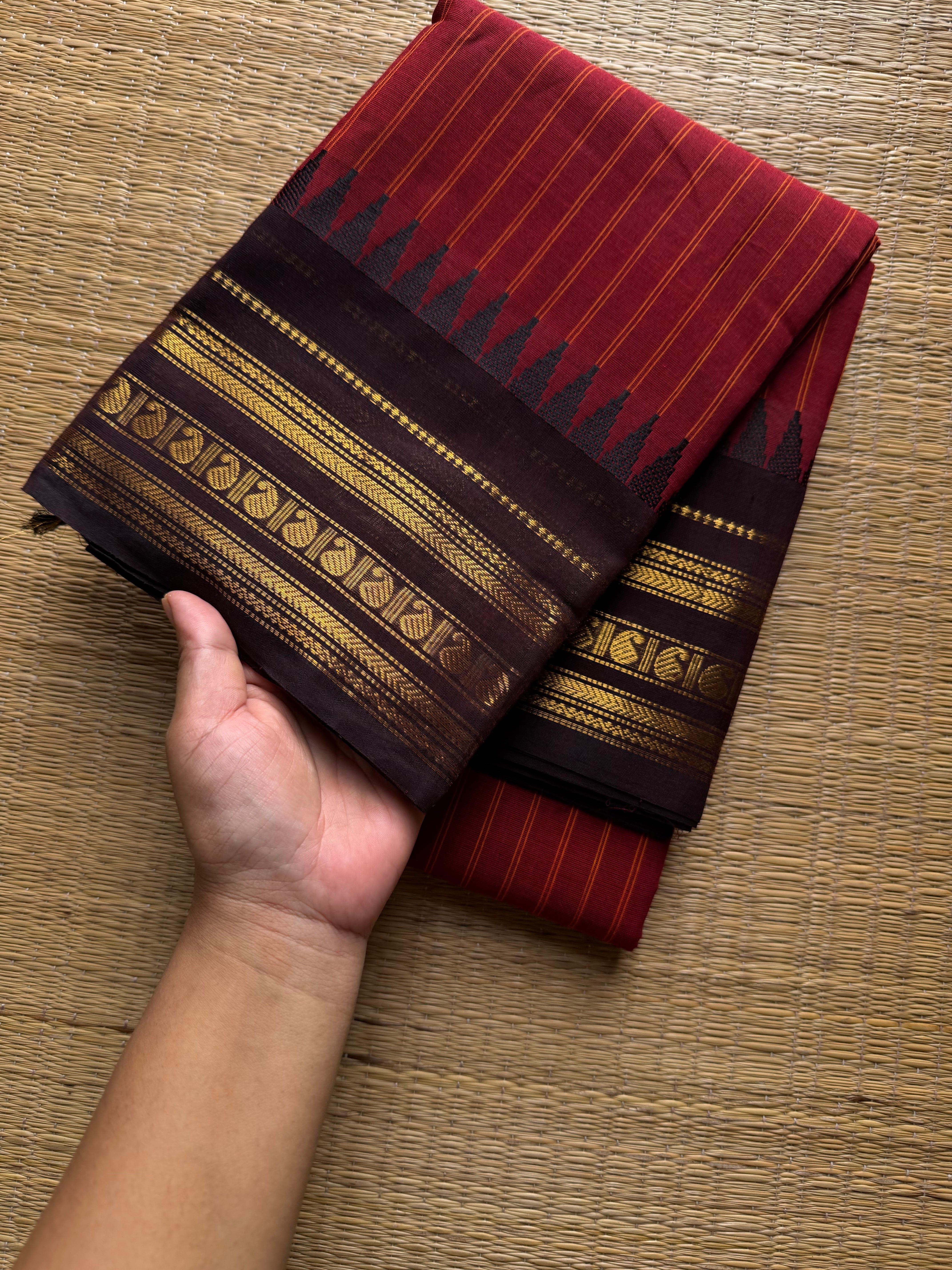 RF1040 Reddish maroon with brown combination Kanchi cotton saree with vertical stripes pattern