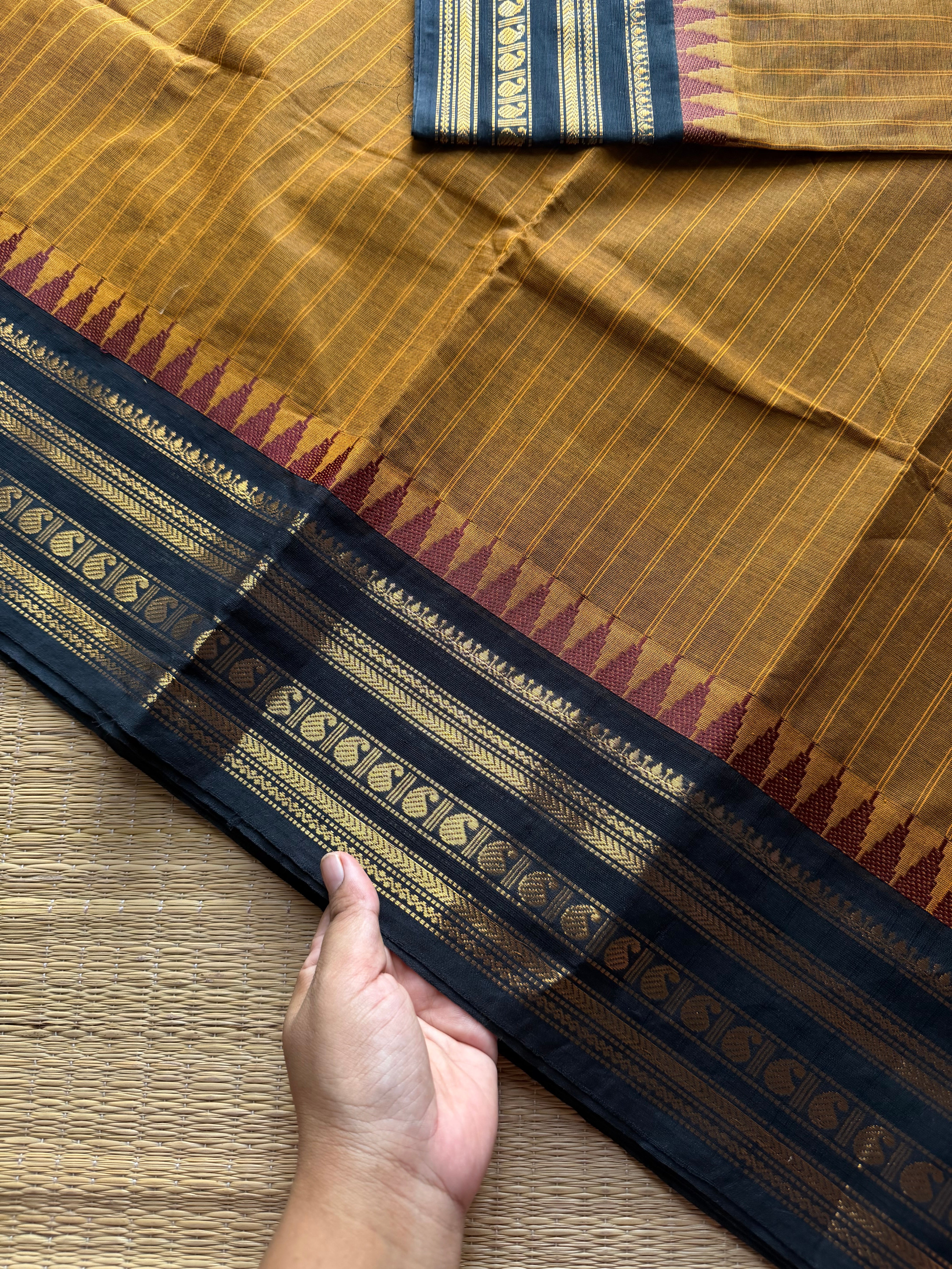 RF1044 Mustard with black combination Kanchi cotton saree with vertical stripes pattern