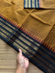 RF1044 Mustard with black combination Kanchi cotton saree with vertical stripes pattern