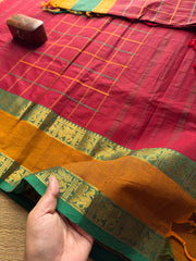 RF275 Reddish Marron Shade Kanchi Handmade Kattam / checks pattern saree with Yazhi & Annam Rettapet Ganga Jamuna Border