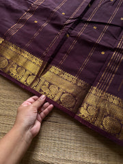 RF1296 Deep coffee brown ~ Silk saree inspired Kanchi cotton saree with vertical stripped & Annam pattern border and handmade golden Zari Buttas