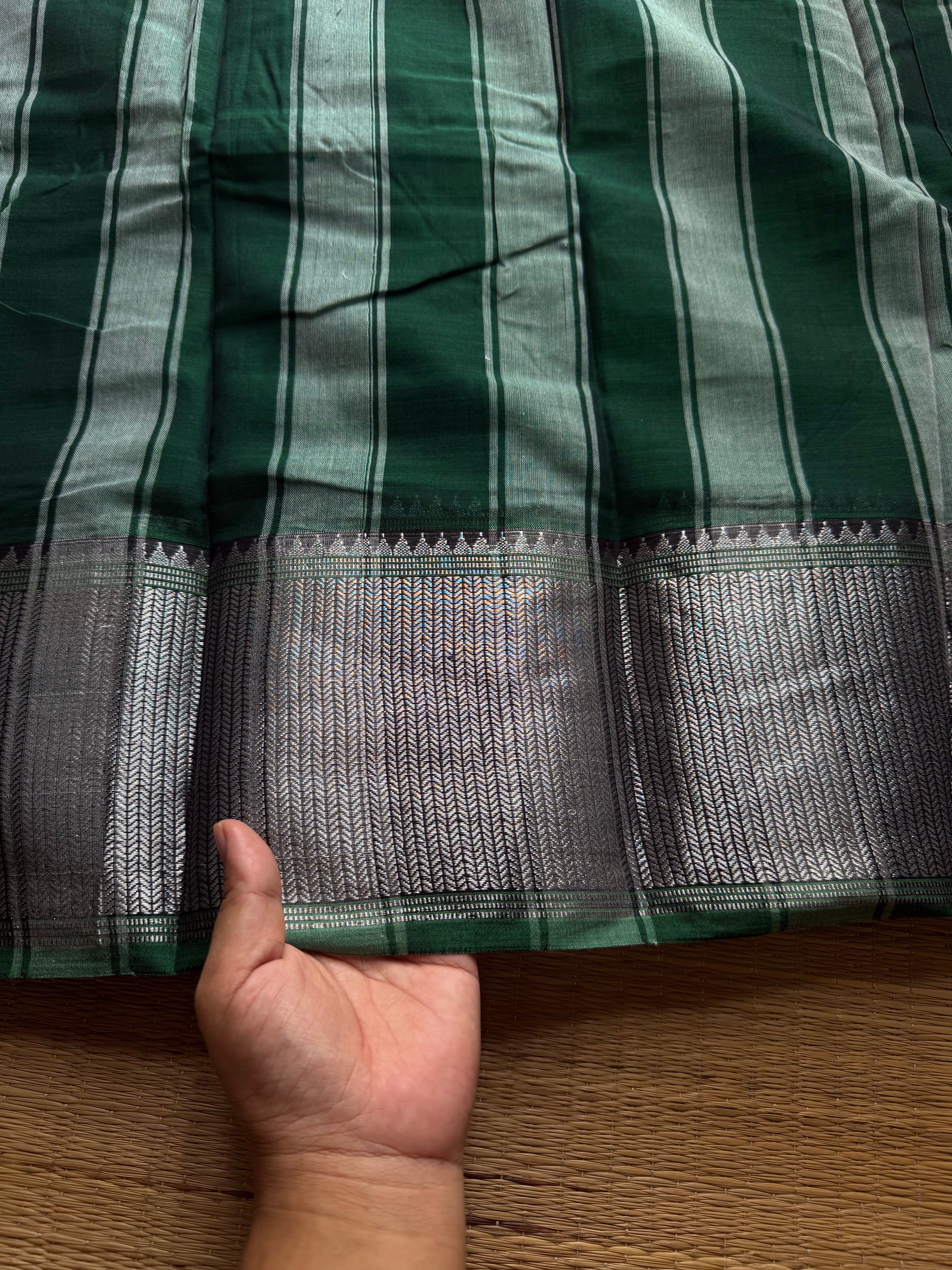 RF837 Silver Zari Mercerised Narayanpet Cotton Saree ~ Bottle Green