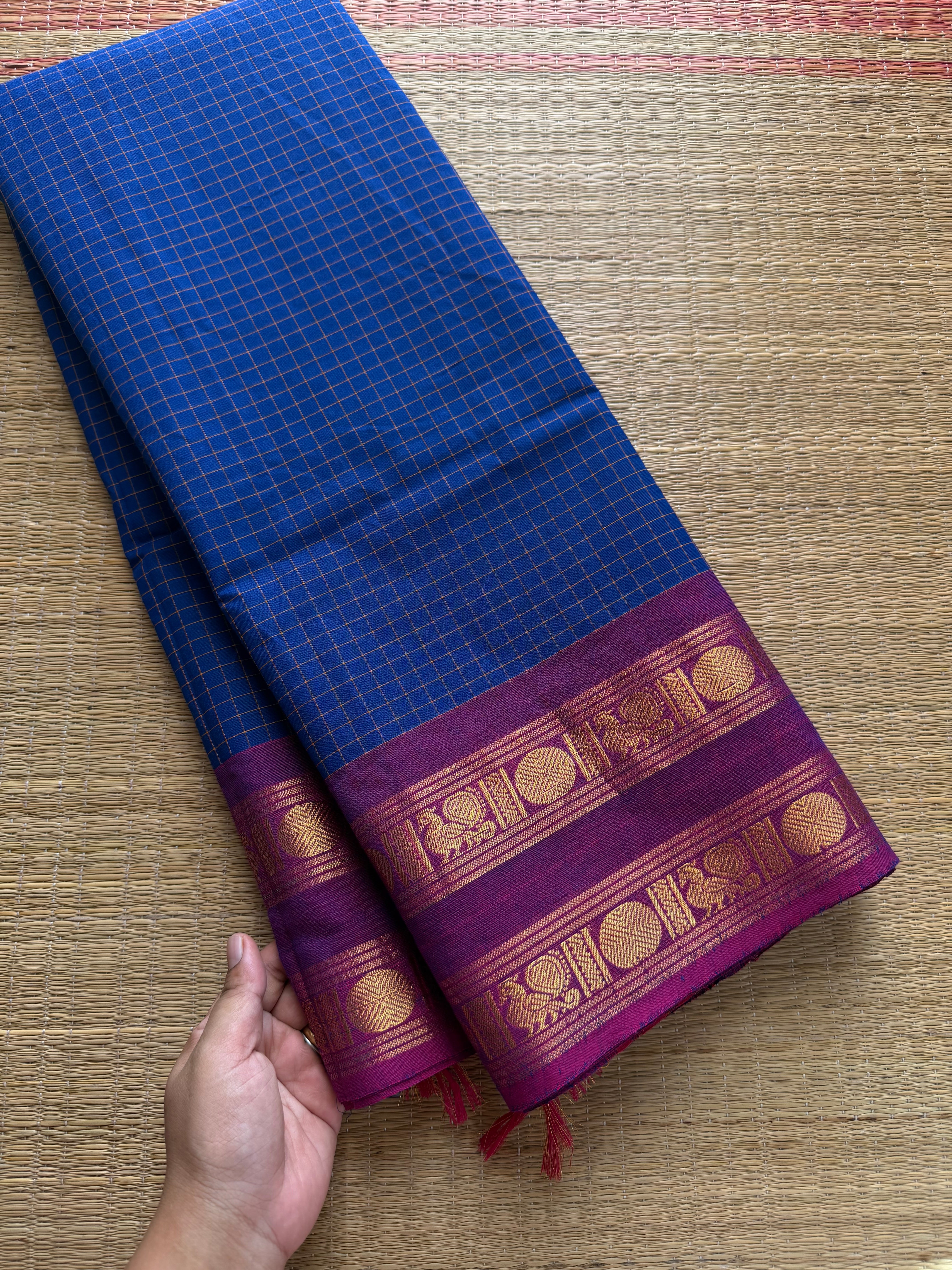 RF436 Royal Blue Shade Kanchi Kattam / Checks Pattern Saree with contrast  magenta pink border