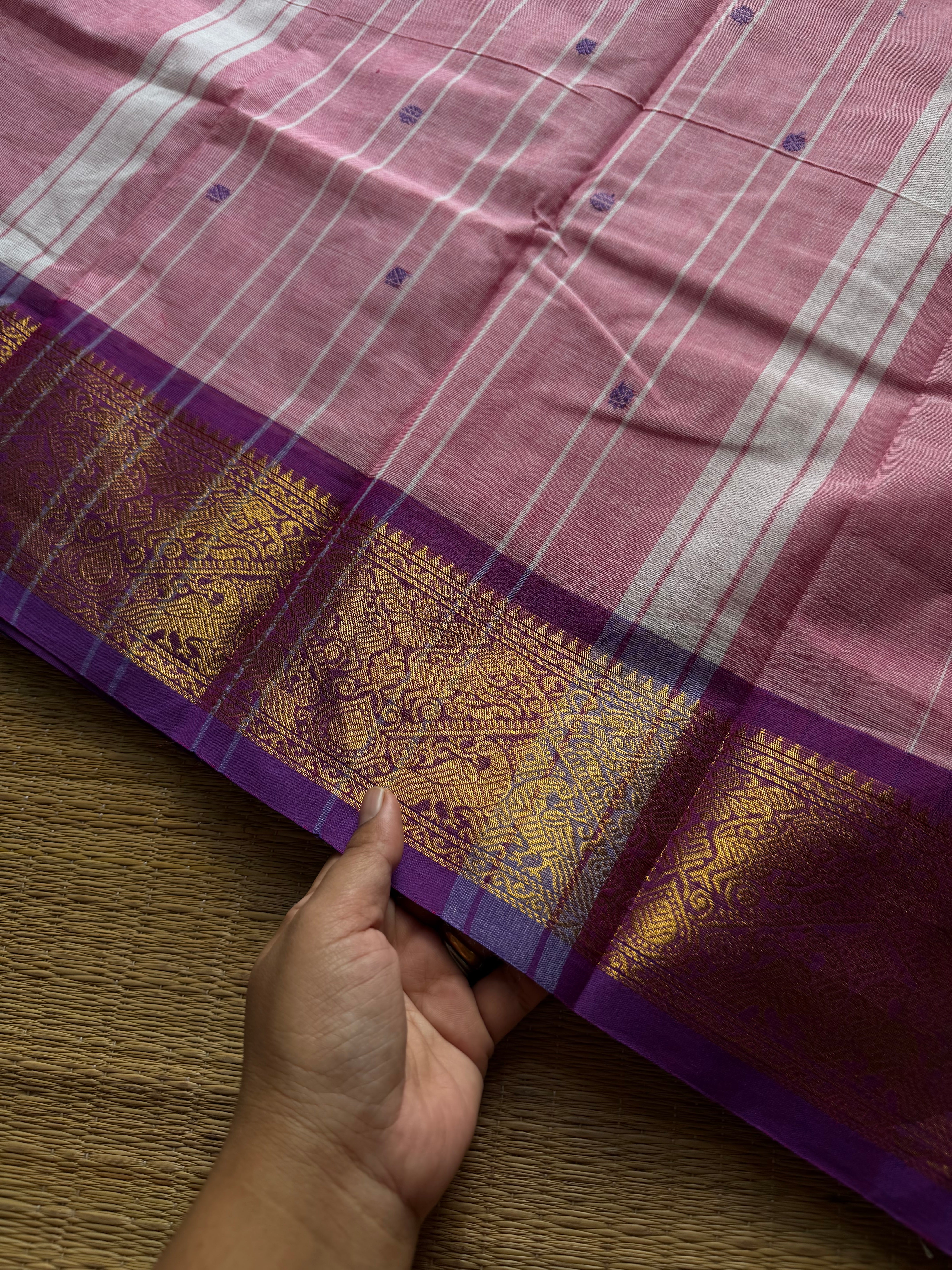 RF1411 Pastel pink shade ~ Vanasingaram border Kanchi cotton saree with handmade thread buttas