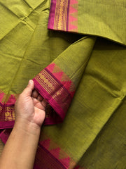 RF572 Thazhampoo Pattern ~ Green & Pink Combination Small Border Kanchi Cotton Saree