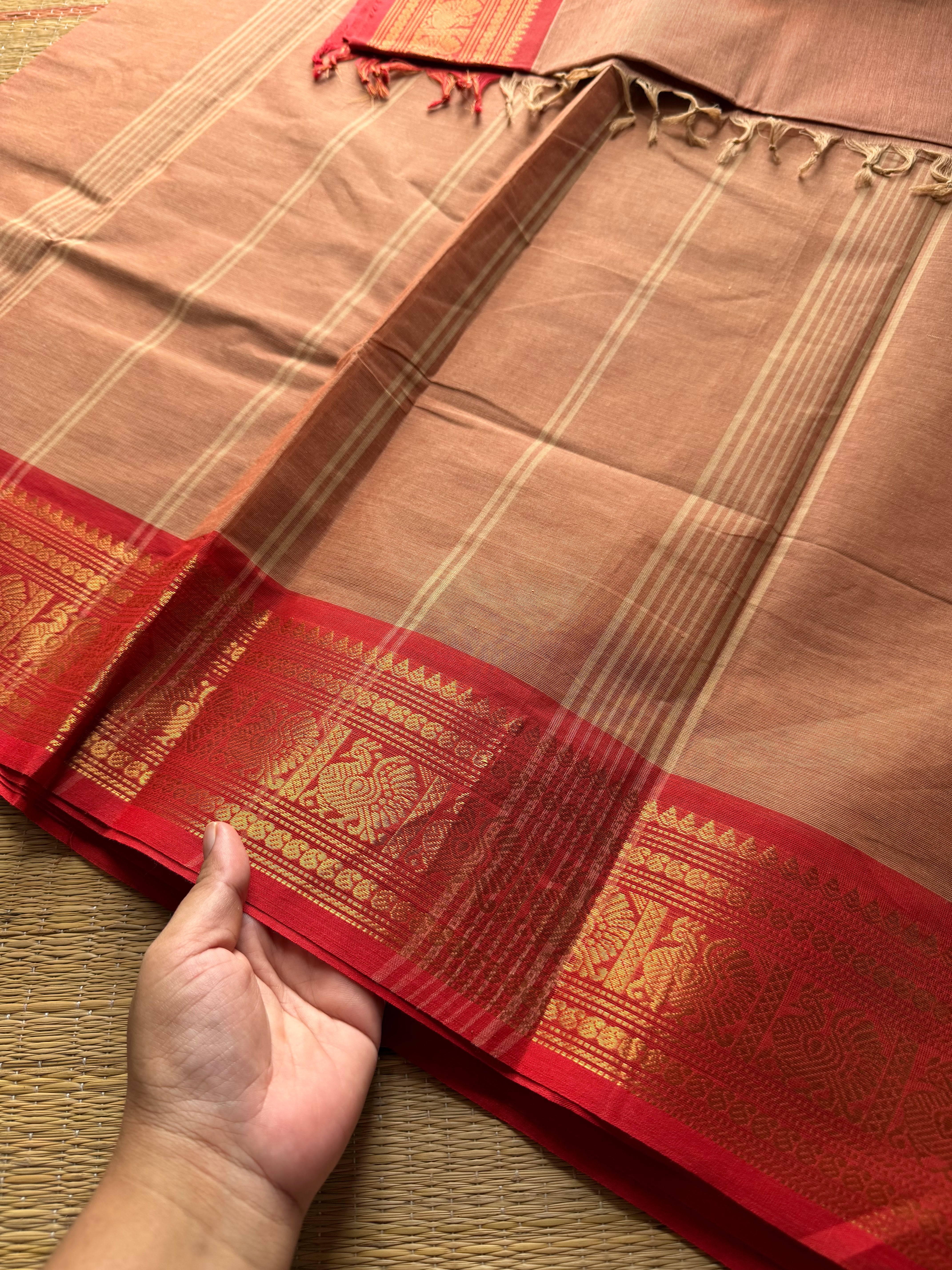 RF361 Silk saree inspired Kanchi cotton saree with unique combination beige with red