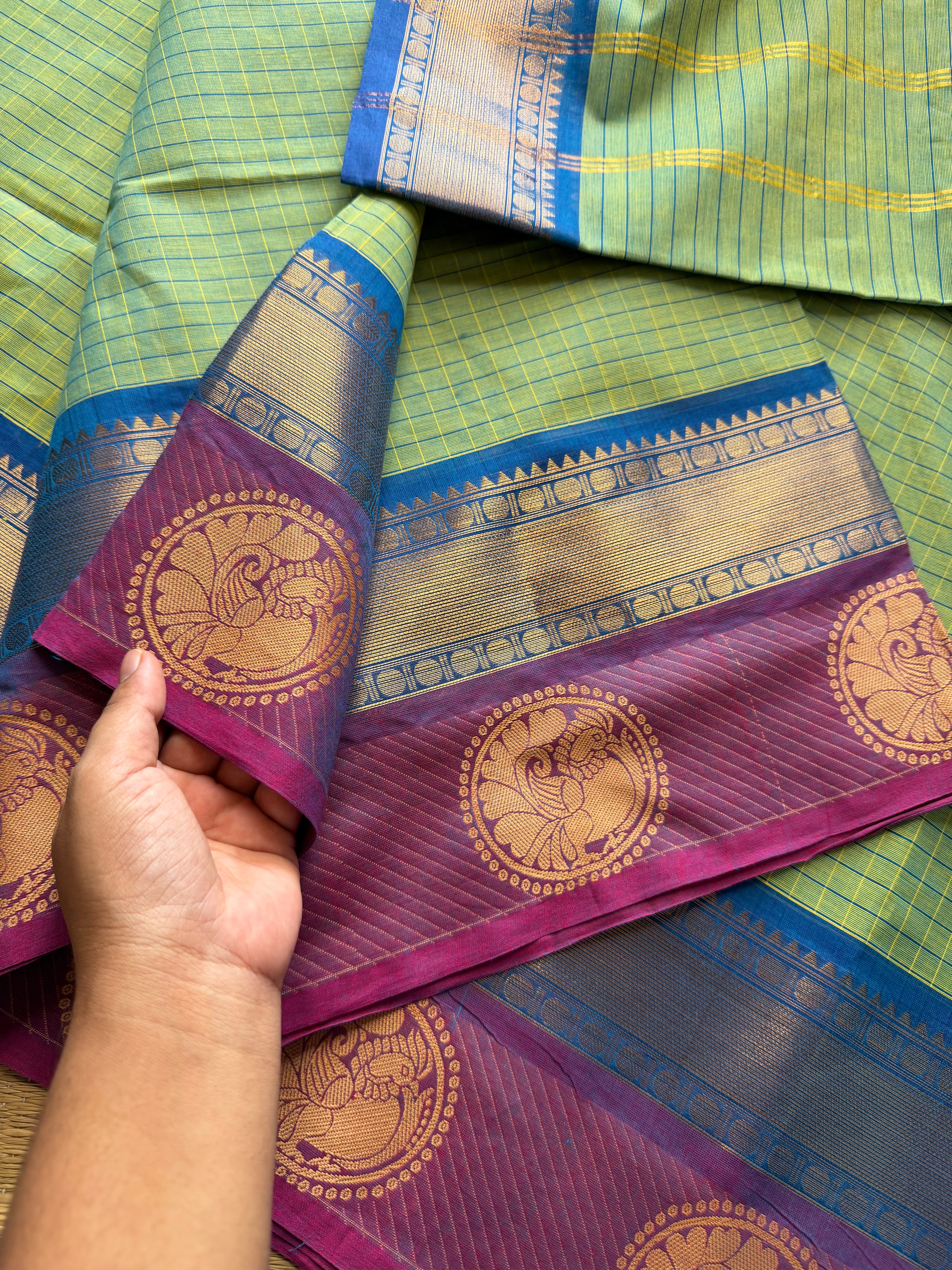 RF329 Dual tone turquoise green shade Kattam / checks pattern Kanchi cotton saree with contrast zari & thread woven border