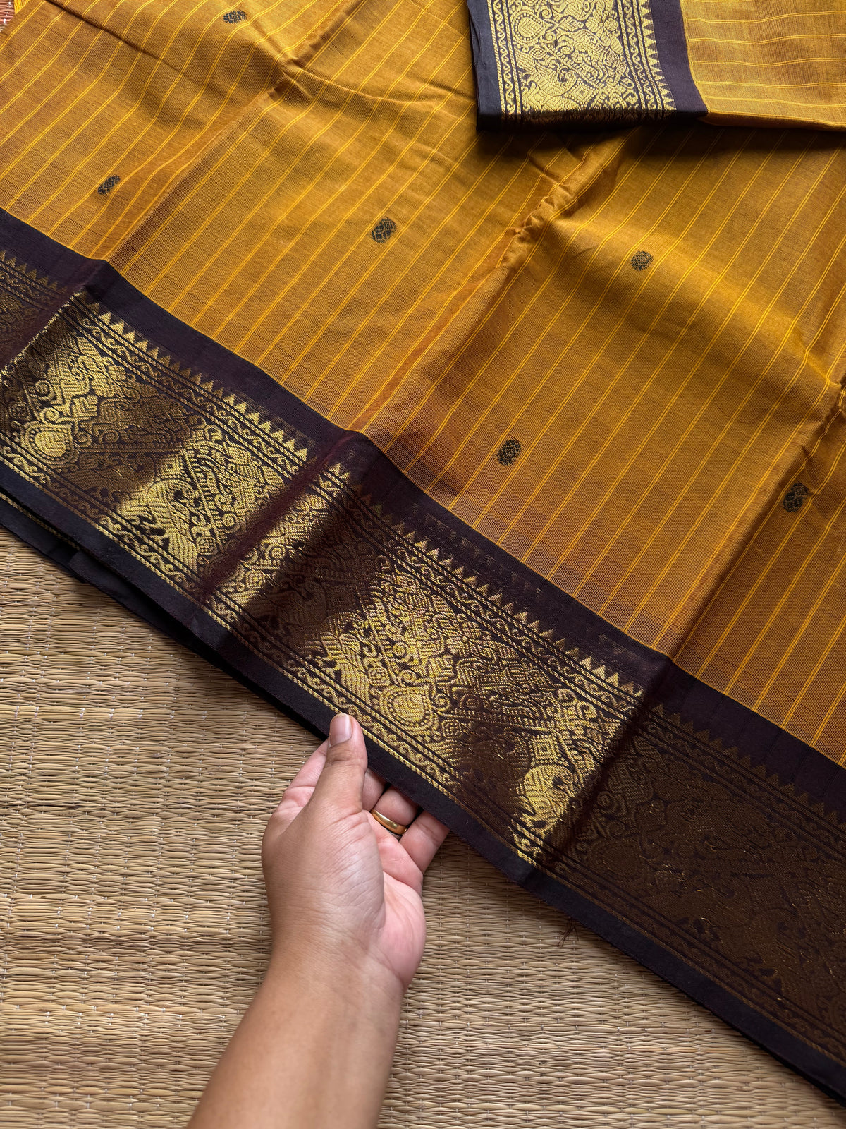 RF1041 Mustard with brown ~ Premium Vanasingaram border Kanchi cotton saree with handmade thread Buttas