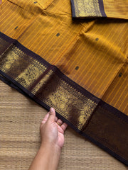 RF1041 Mustard with brown ~ Premium Vanasingaram border Kanchi cotton saree with handmade thread Buttas