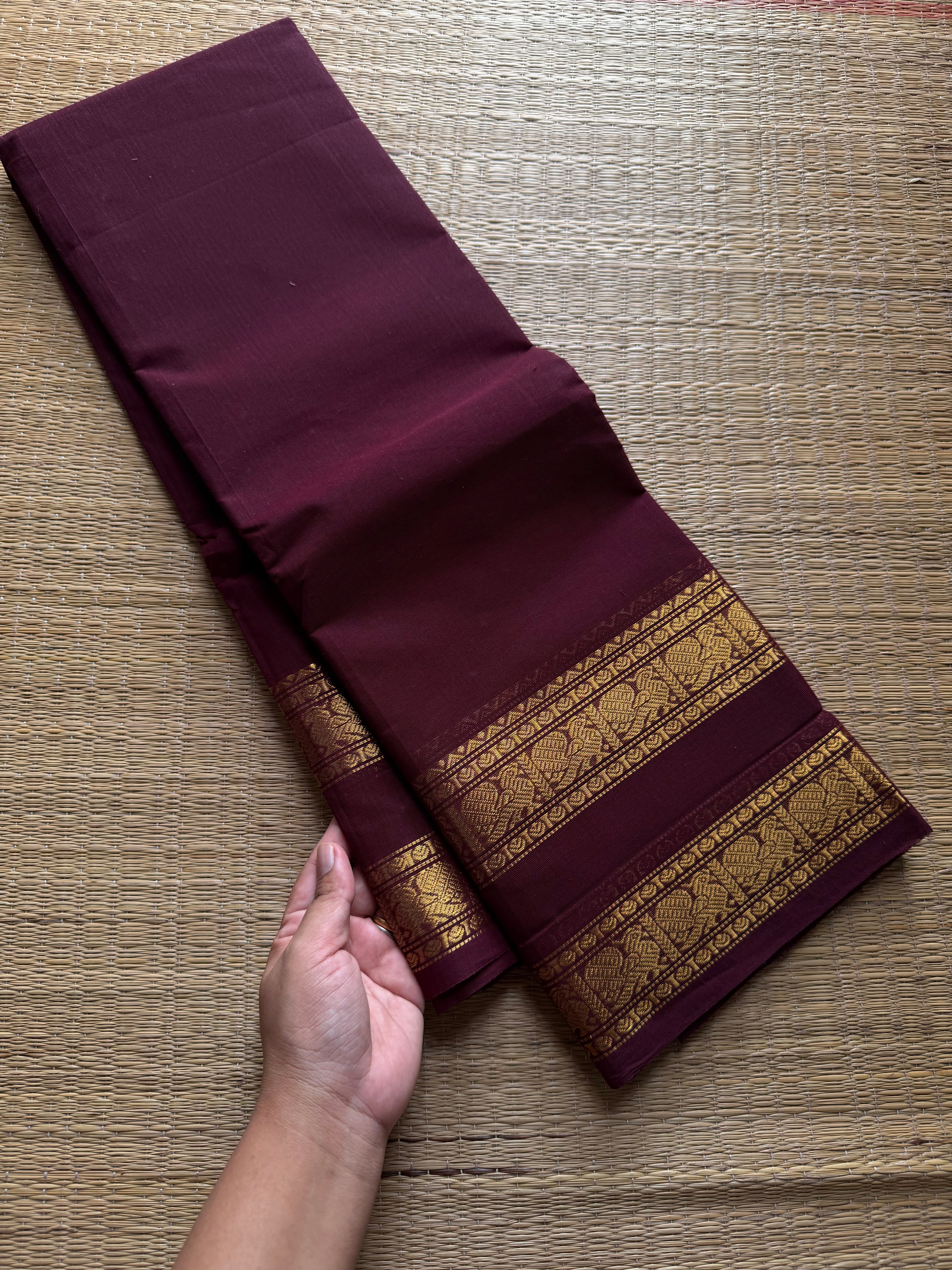 RF502 Deep maroon Kanchi cotton saree with Rettapet Annam pattern border