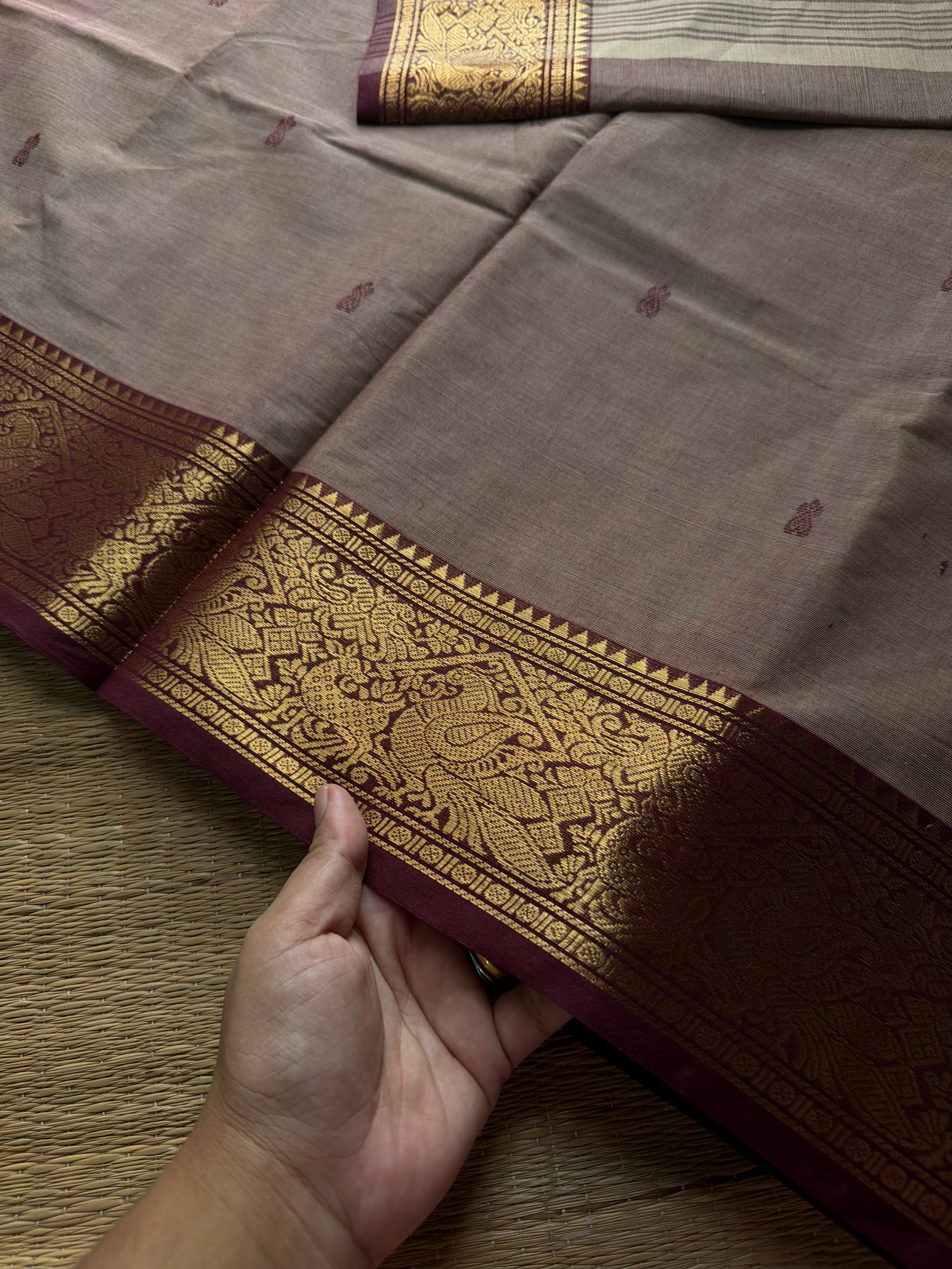 RF799 Biscuit with brown combination Kanchi cotton saree with Vanasingaram border & handmade thread buttas