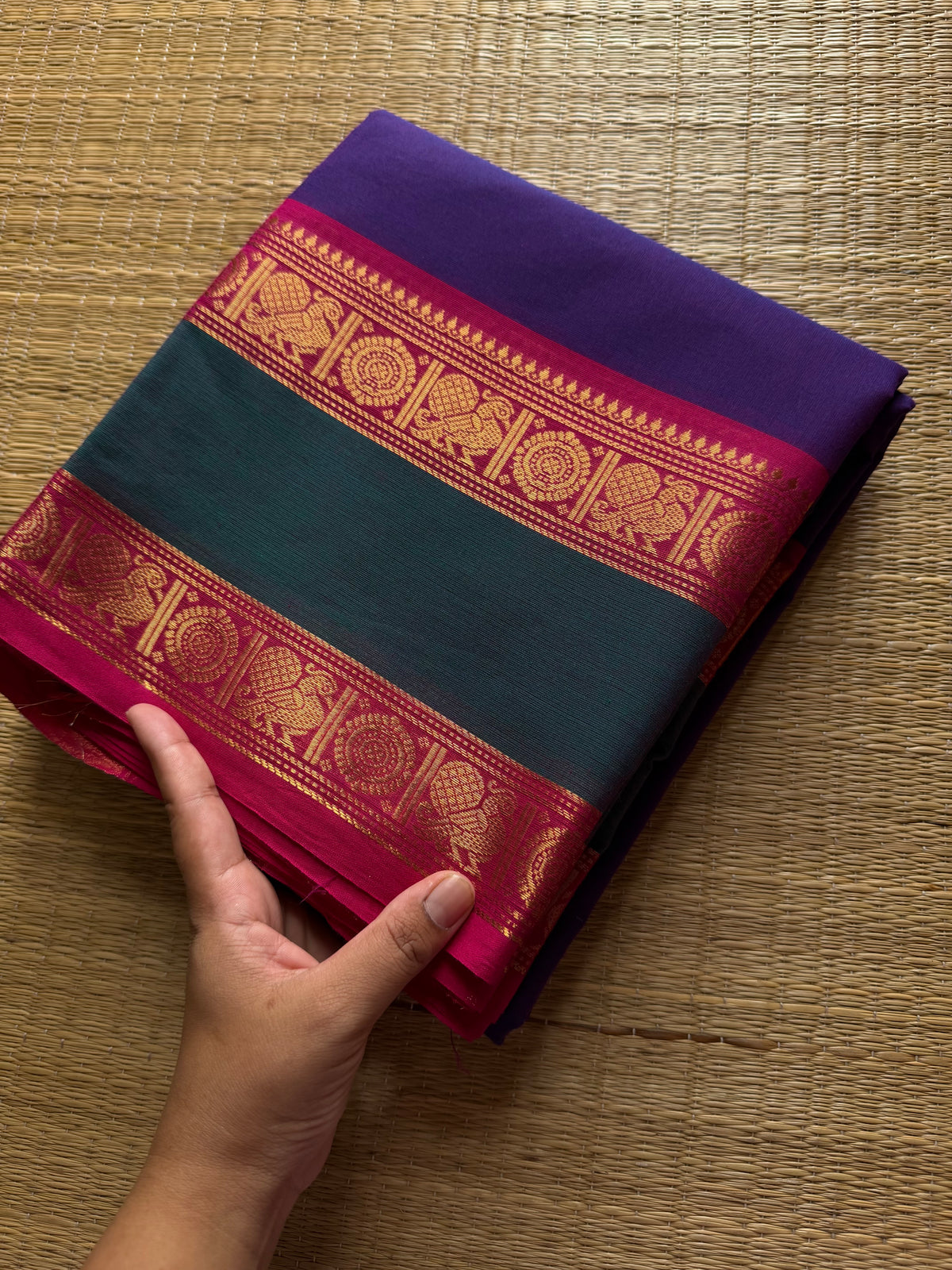 RF470 Purple shade Kanchi cotton saree with Annam pattern gap border