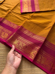 RF356 Mustard shade with pink combination Kanchi cotton saree with Kattam / checks pattern and unique lotus and Annam pattern Zari border