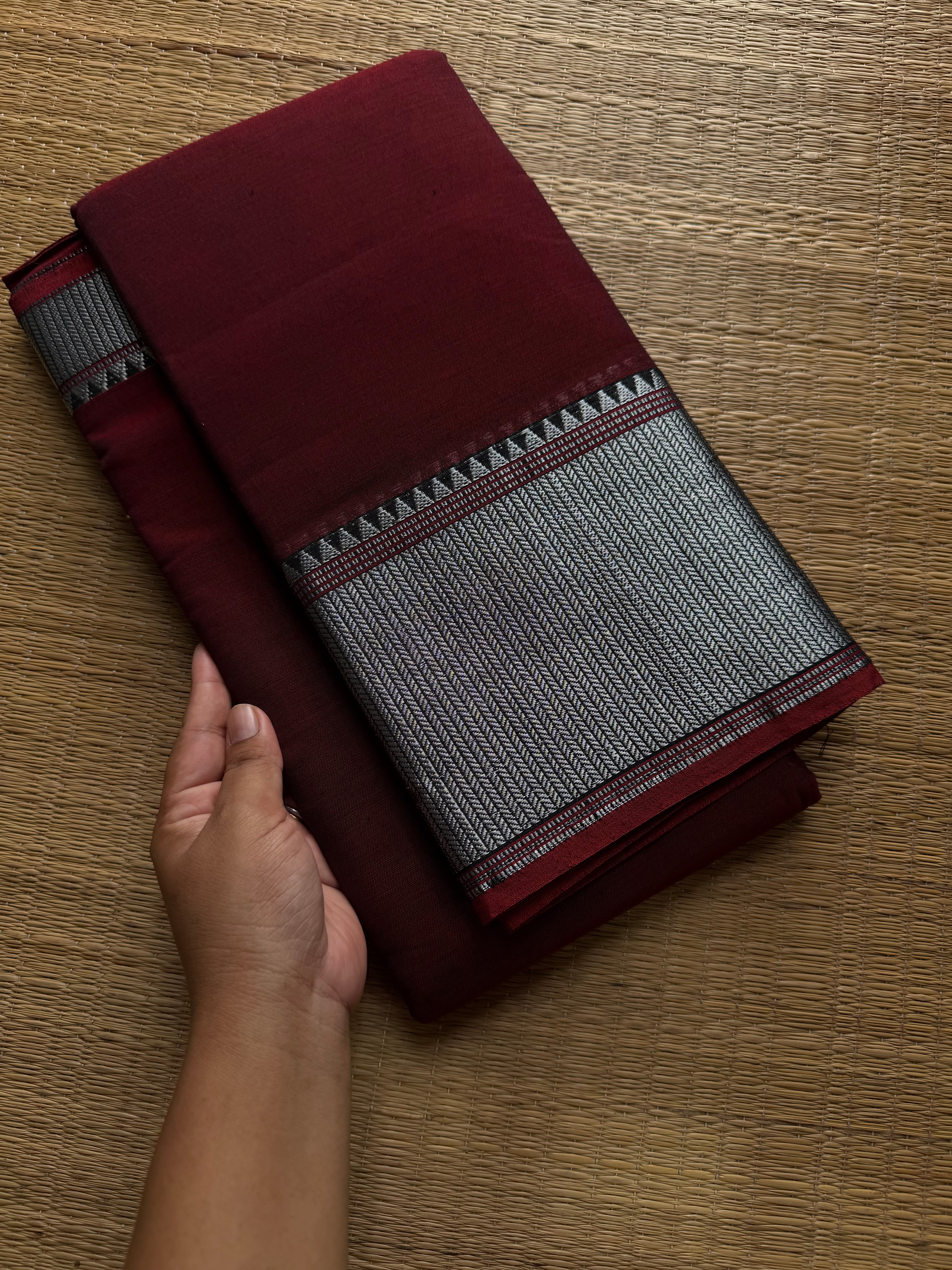 RF838 Silver Zari Mercerised Narayanpet Cotton Saree ~ Maroon