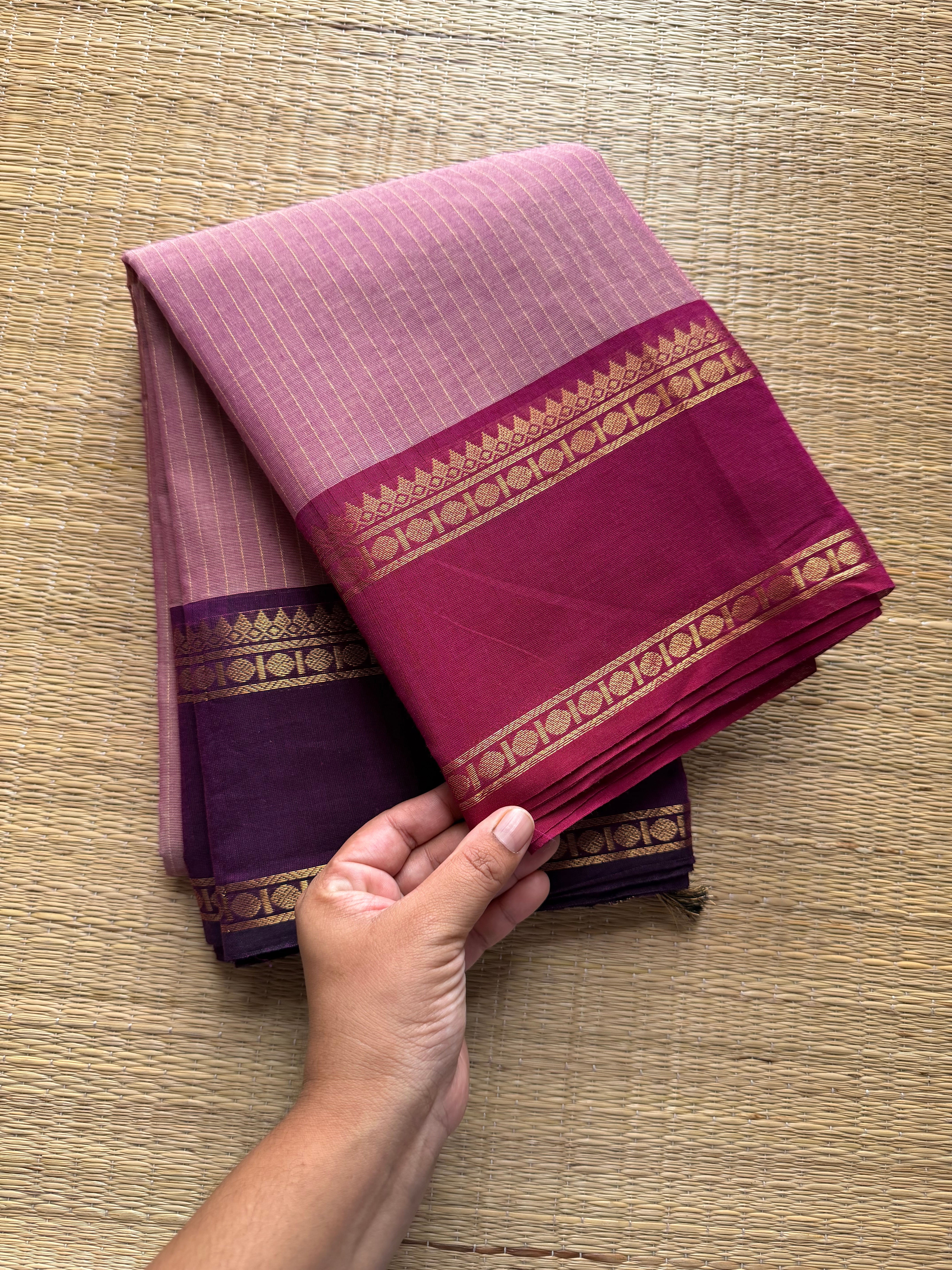 RF213 Pastel onion Pink Shade Kanchi cotton saree with golden Vaira Oosi pattern and unique dark pink and deep purple combination Ganga Jamuna Rettapet Border