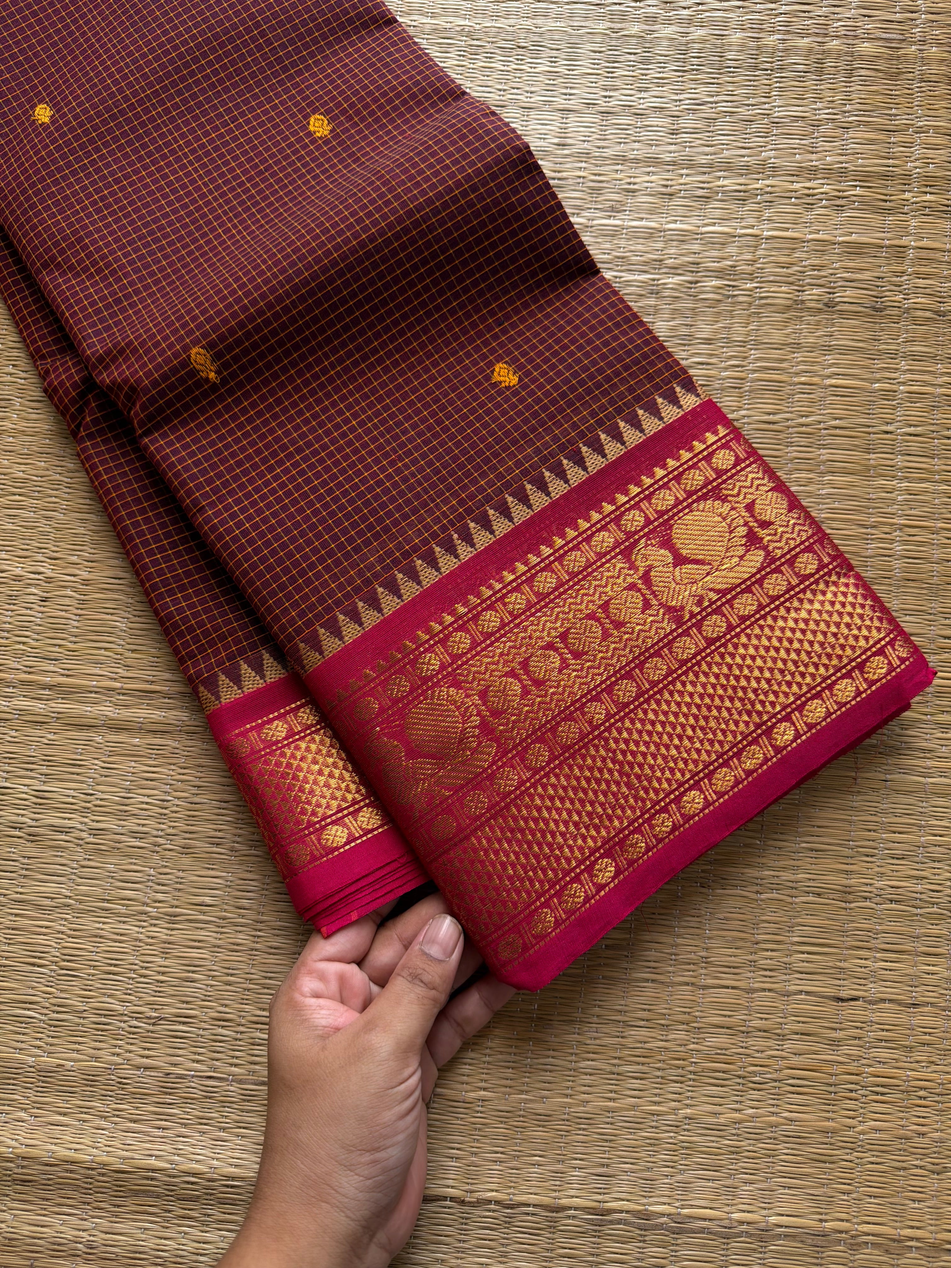 Arakku shade Podikattam / small checks Kanchi cotton saree with handmade thread buttas