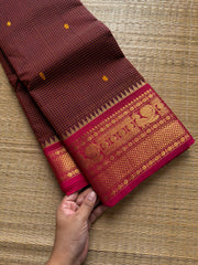 Arakku shade Podikattam / small checks Kanchi cotton saree with handmade thread buttas
