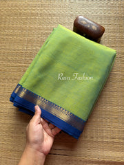 RF83 Dual tone Turquoise green / apple green with contrast small blue Zari border Kanchi cotton saree