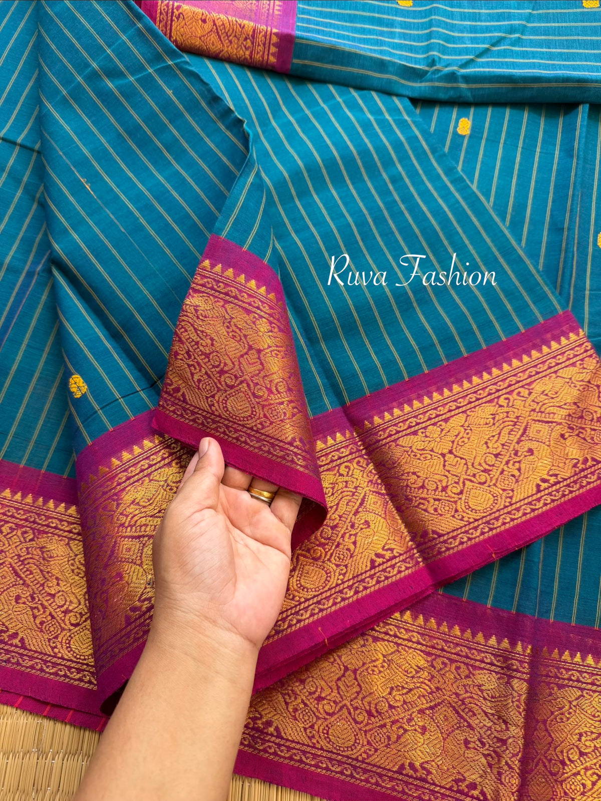 RF131 Dark Peacock Blue Shade With contrast magenta pink combination Vanasingaram border Kanchi cotton saree with striped pattern & handmade thread buttas