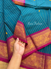 RF131 Dark Peacock Blue Shade With contrast magenta pink combination Vanasingaram border Kanchi cotton saree with striped pattern & handmade thread buttas