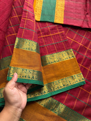RF275 Reddish Marron Shade Kanchi Handmade Kattam / checks pattern saree with Yazhi & Annam Rettapet Ganga Jamuna Border