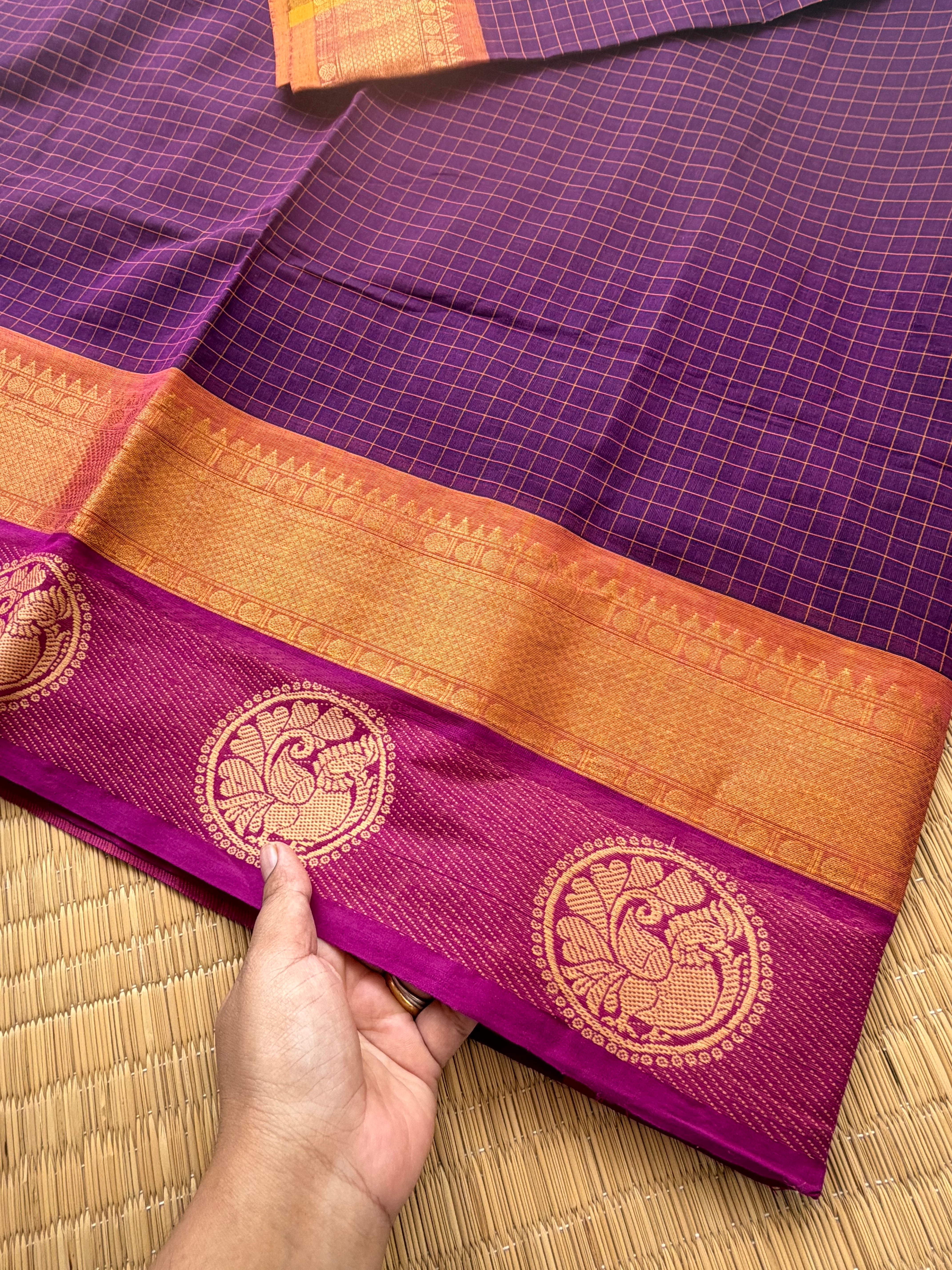 RF170 Purple shade Kattam / checks pattern Kanchi cotton saree with contrast zari & thread woven border