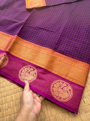 RF170 Purple shade Kattam / checks pattern Kanchi cotton saree with contrast zari & thread woven border