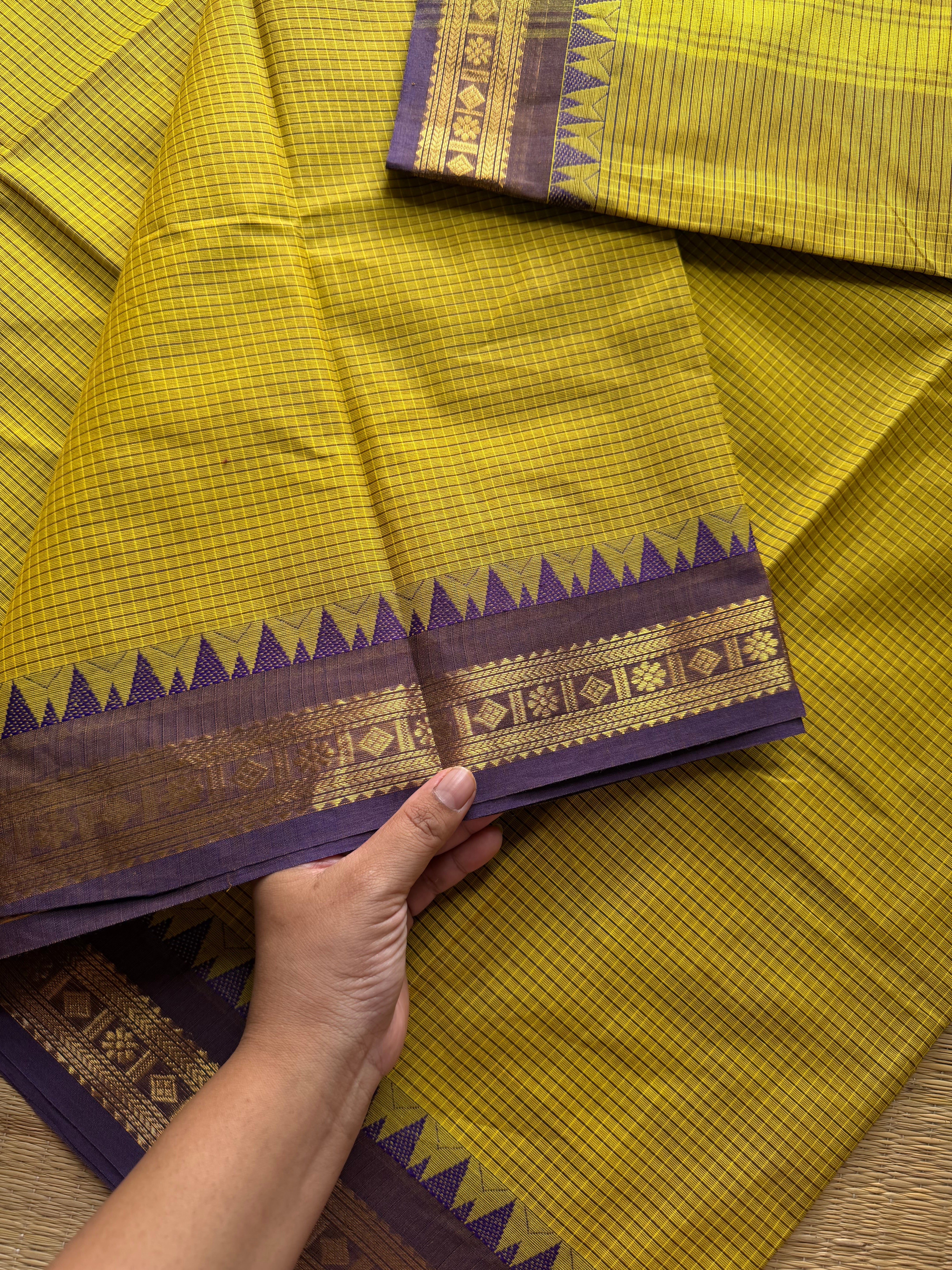 RF108 Premium small border vintage  Podikattam Kanchi cotton saree with Mustard Yellow and light purple shade
