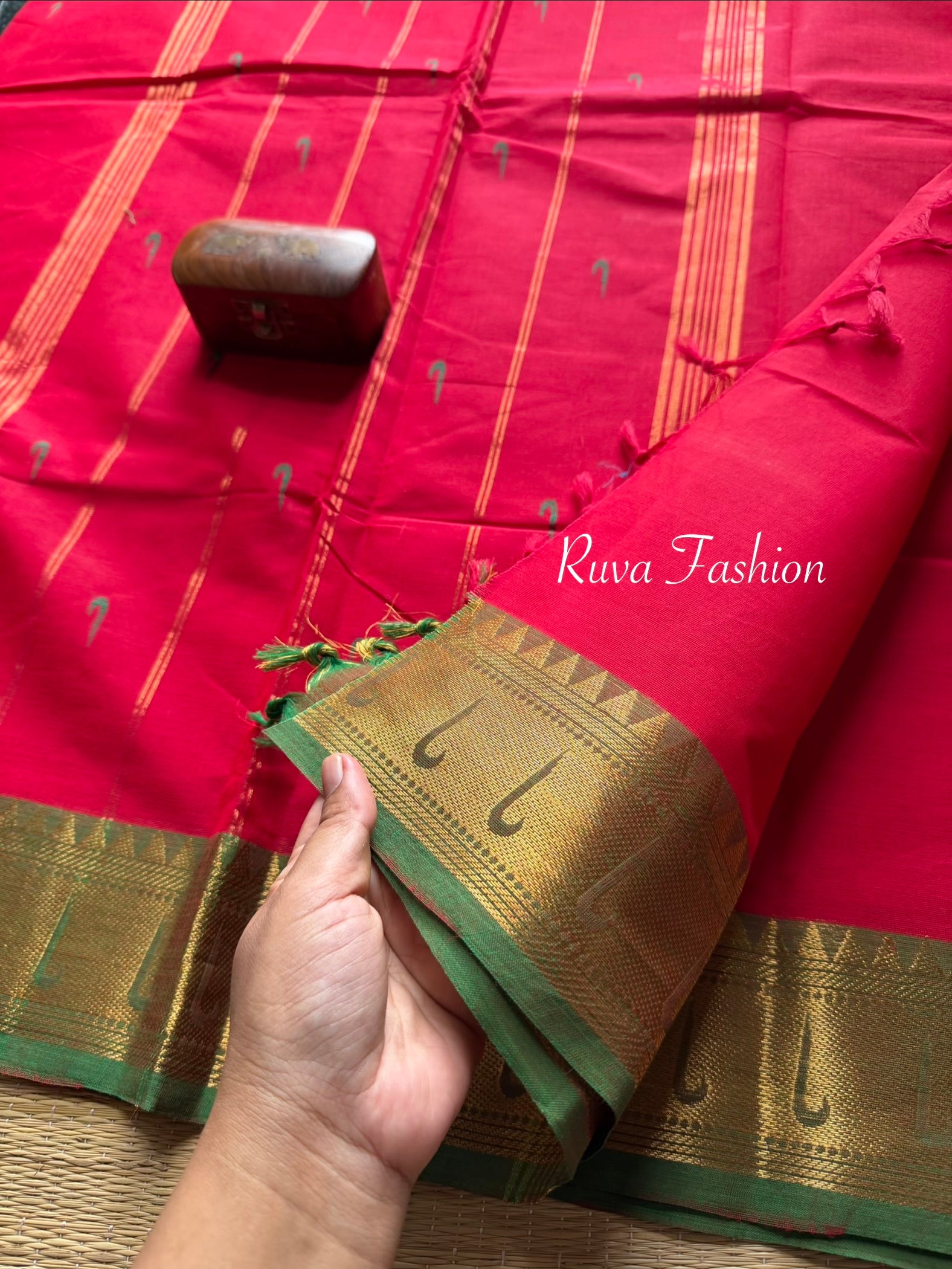 RF46 Red & green combination paithani border Kanchi cotton saree with handmade thread buttas