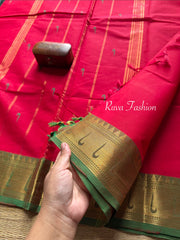 RF46 Red & green combination paithani border Kanchi cotton saree with handmade thread buttas