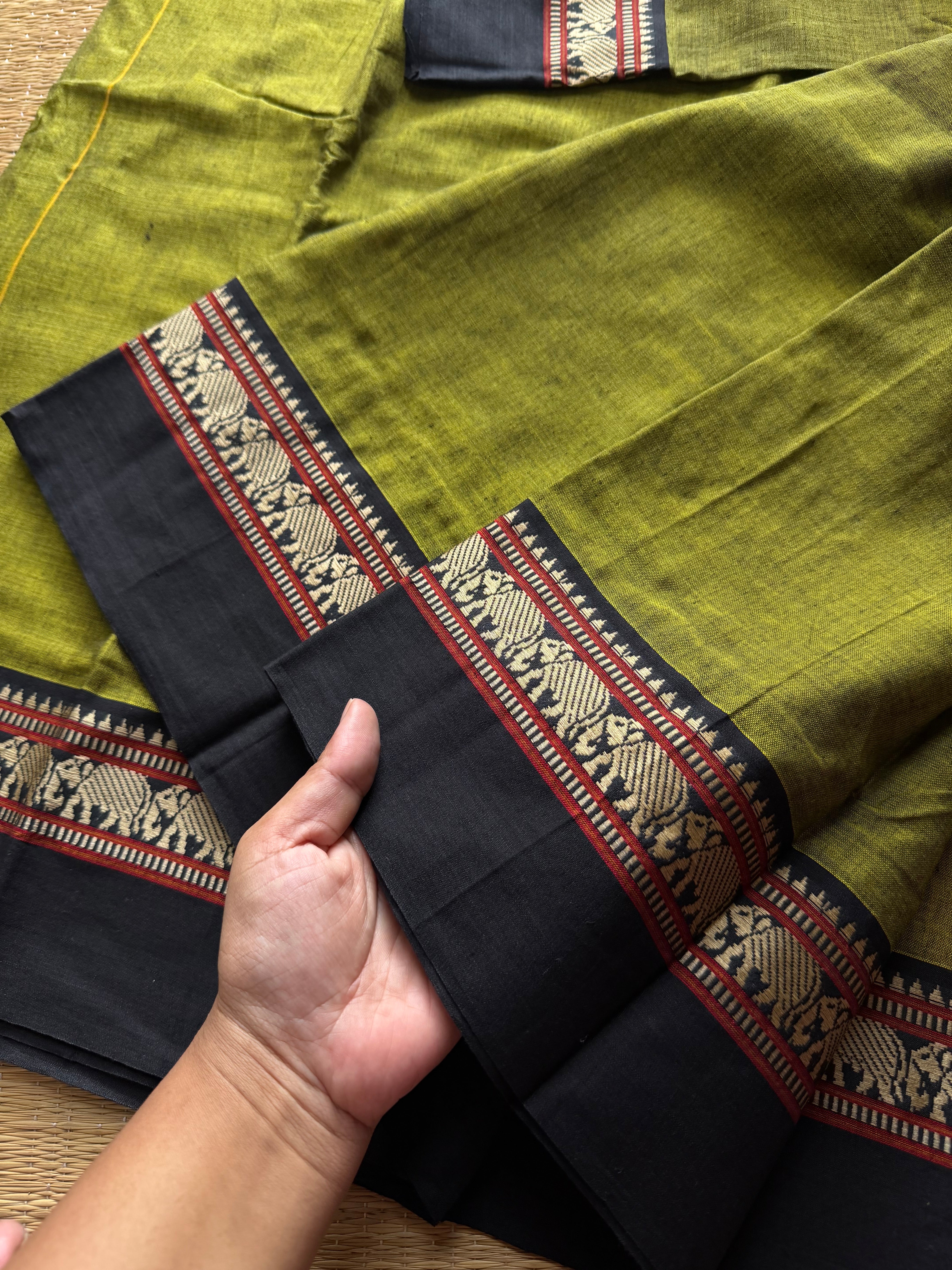 RF849 Mercerised Narayanpet Cotton Saree ~ Green with black
