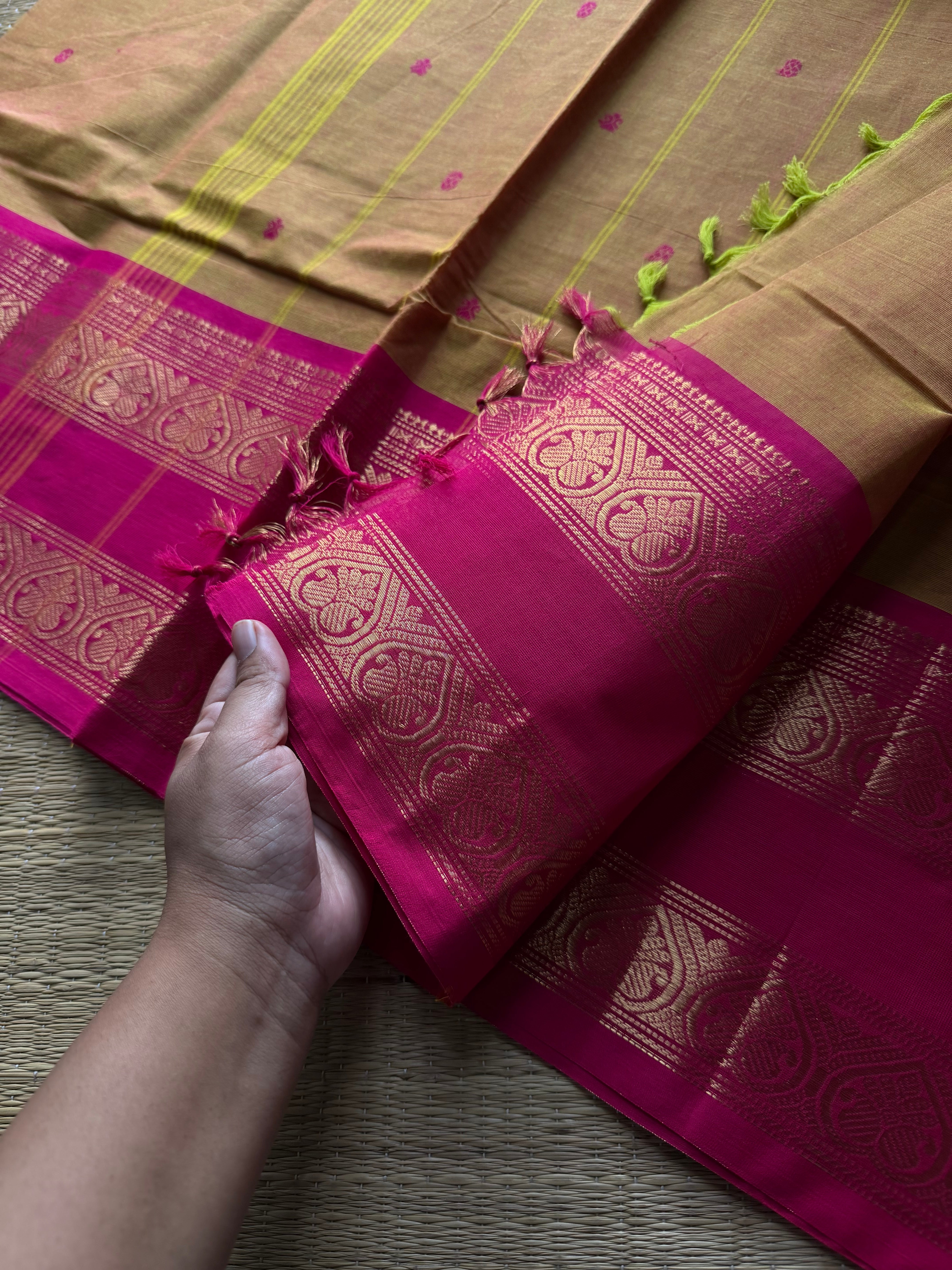 RF865 Dual tone yellow shade Kanchi cotton saree with handmade thread buttas